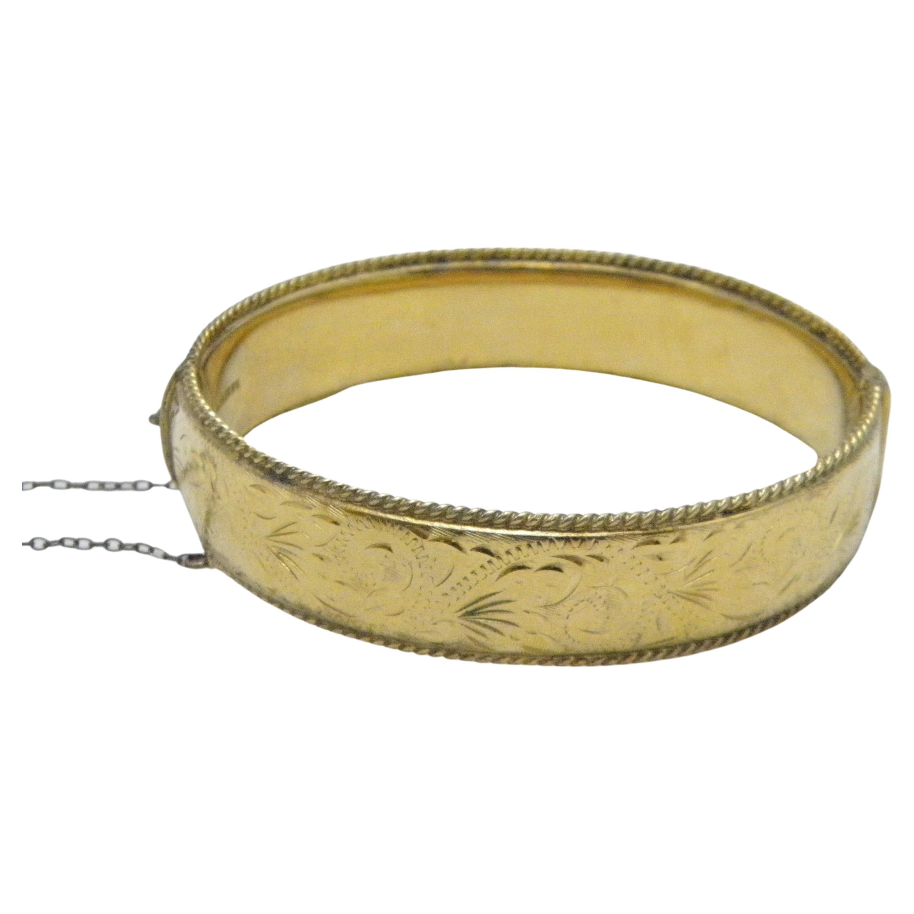Vintage 9ct Gold 'Rolled' Floral Engraved Cuff Hinged Bracelet Bangle 375 Purity For Sale