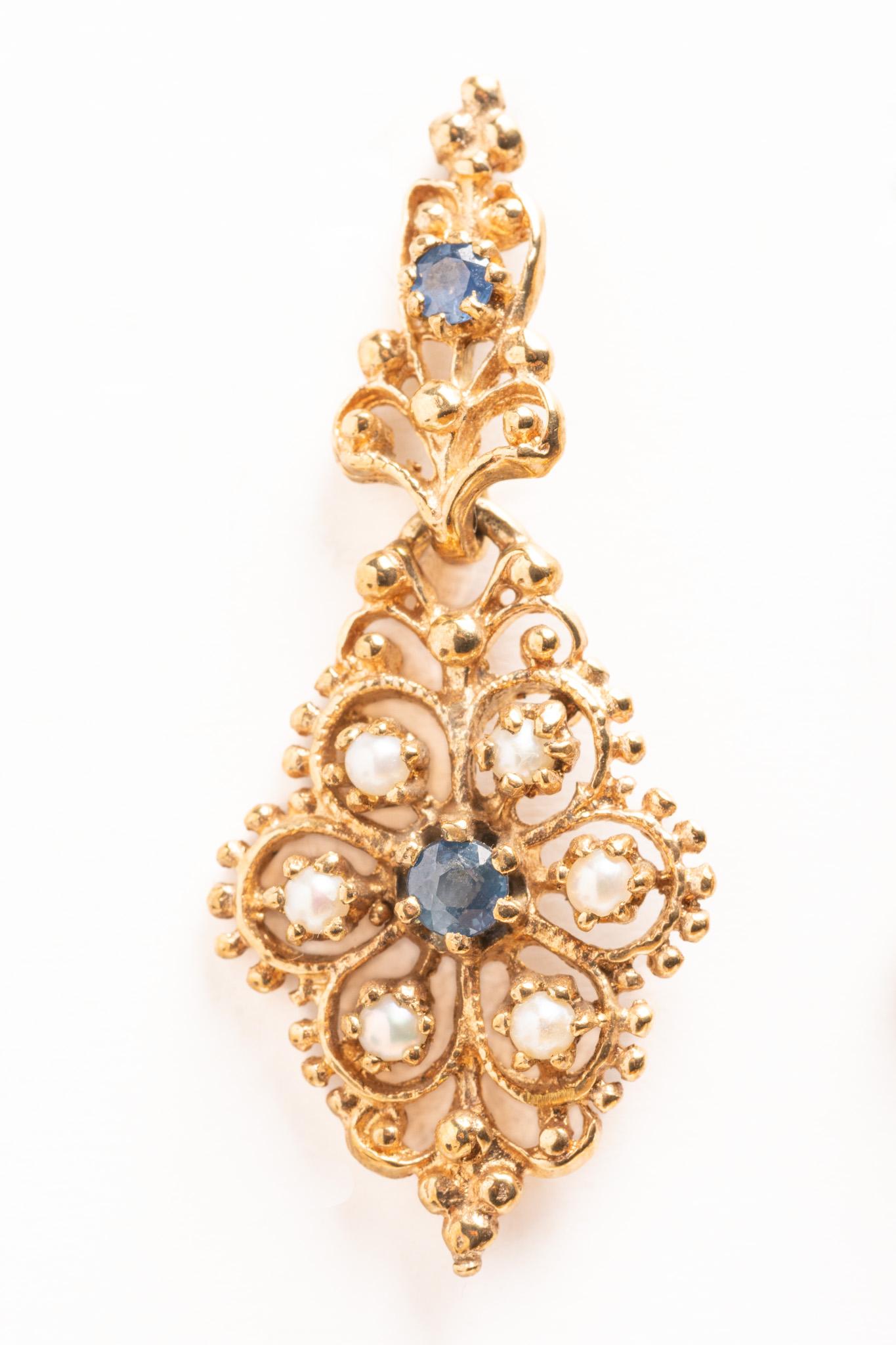 Cabochon Vintage 9ct Gold Sapphire and Seed Pearl Drop Earrings For Sale
