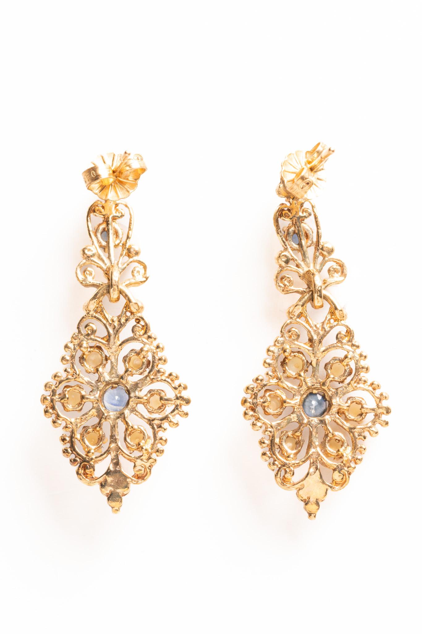 Vintage 9ct Gold Sapphire and Seed Pearl Drop Earrings In Good Condition For Sale In Portland, England