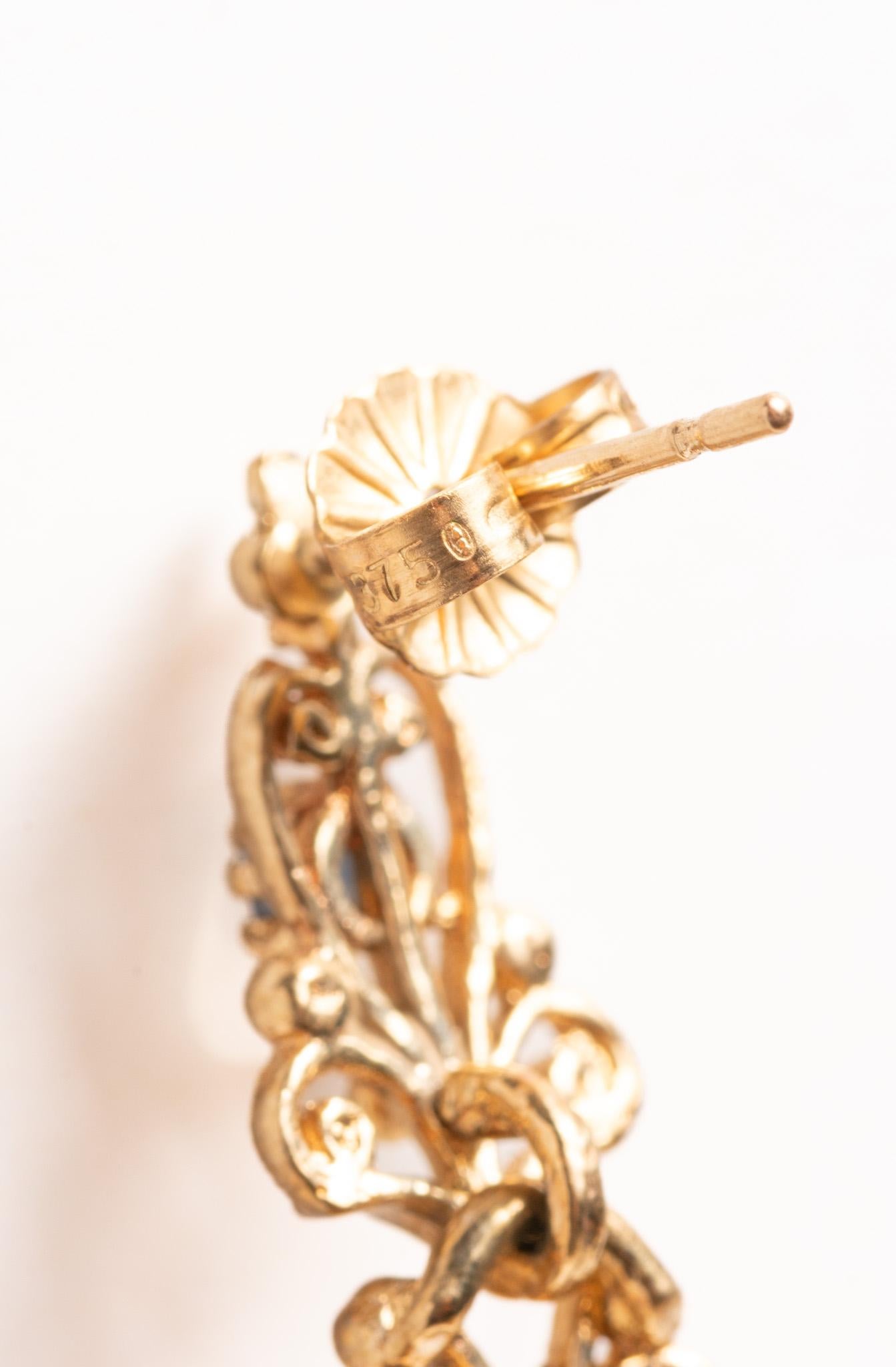 Women's Vintage 9ct Gold Sapphire and Seed Pearl Drop Earrings For Sale