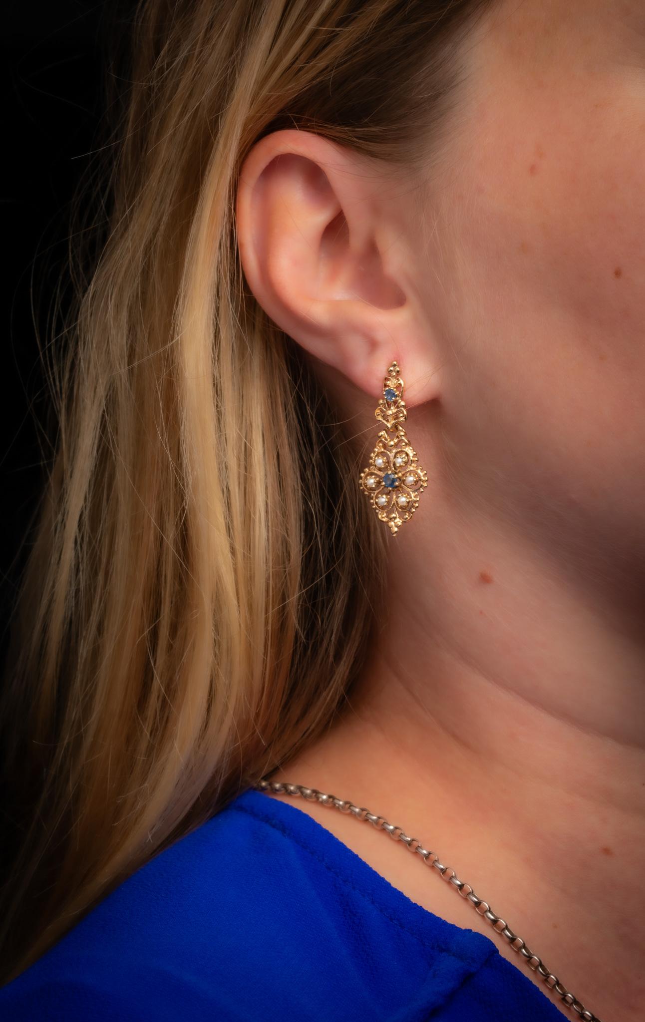 Vintage 9ct Gold Sapphire and Seed Pearl Drop Earrings For Sale 1