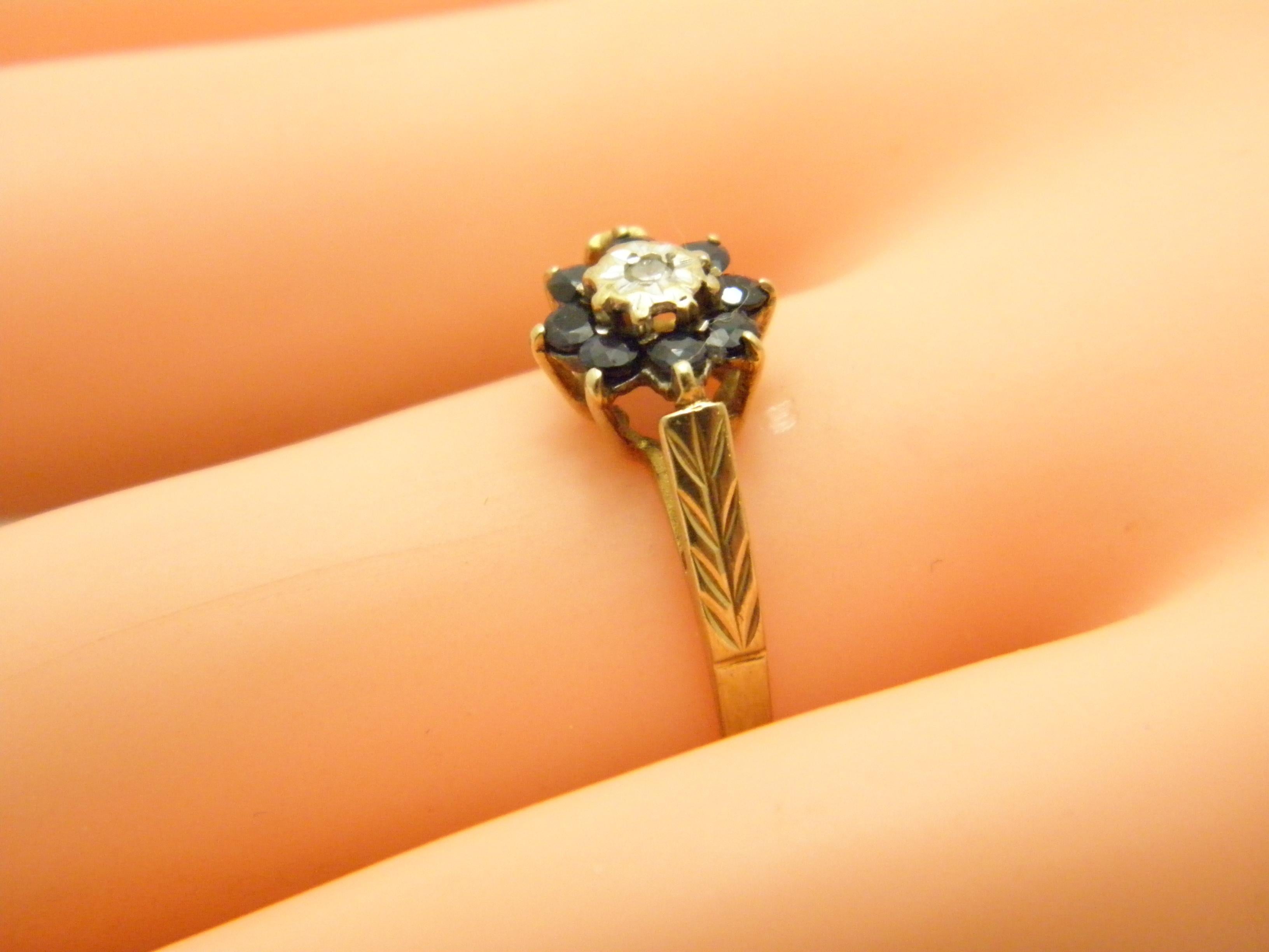 Vintage 9 Karat Gold Saphir Diamant Cluster-Ring 375 Reinheit 5