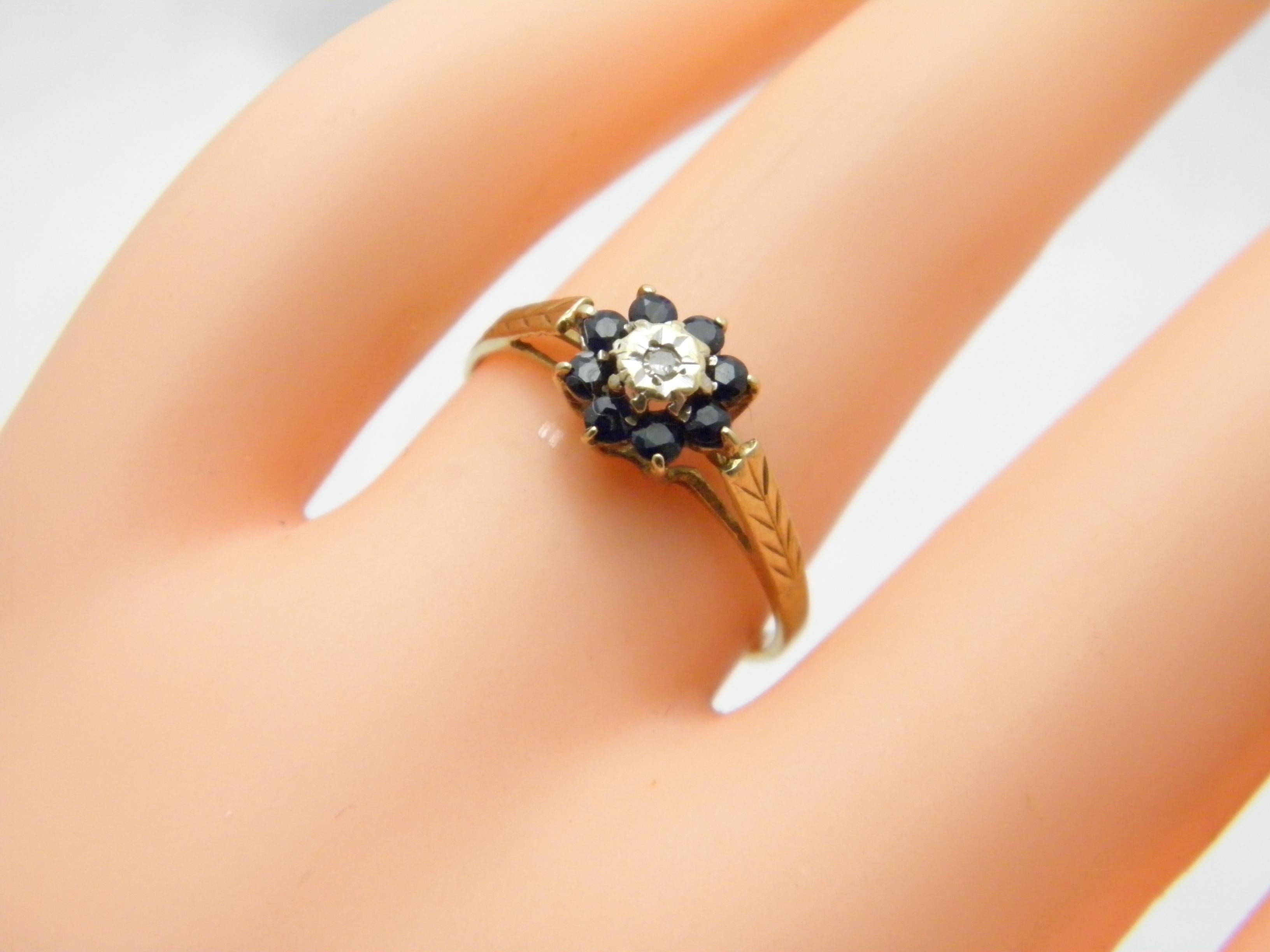 Vintage 9 Karat Gold Saphir Diamant Cluster-Ring 375 Reinheit 3