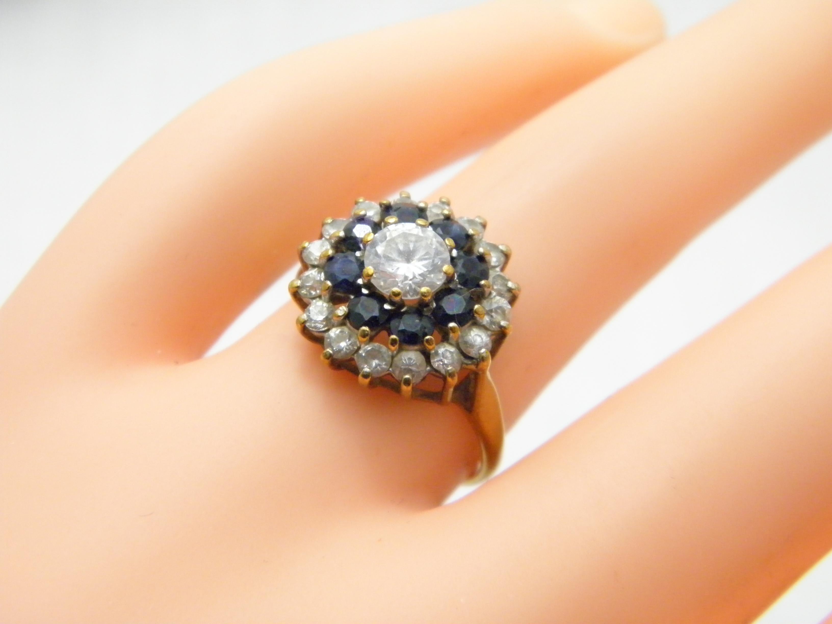 Women's or Men's Vintage 9ct Gold Sapphire Diamond Paste Cluster Statement Ring Size M1/2 6.5 375 For Sale