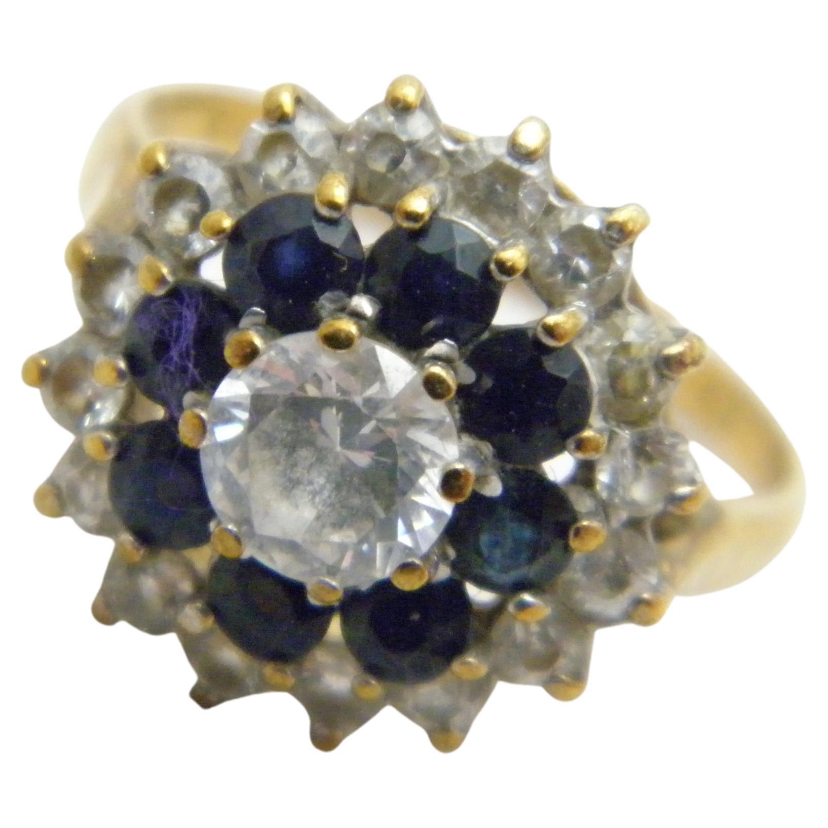 Vintage 9ct Gold Sapphire Diamond Paste Cluster Statement Ring Size M1/2 6.5 375 For Sale