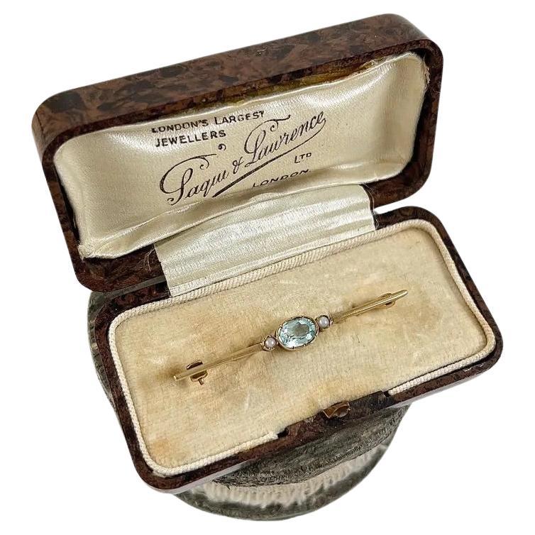 Vintage 9ct Gold Stamped, London Hallmarked 1990, Aquamarine & Pearl Bar Brooch