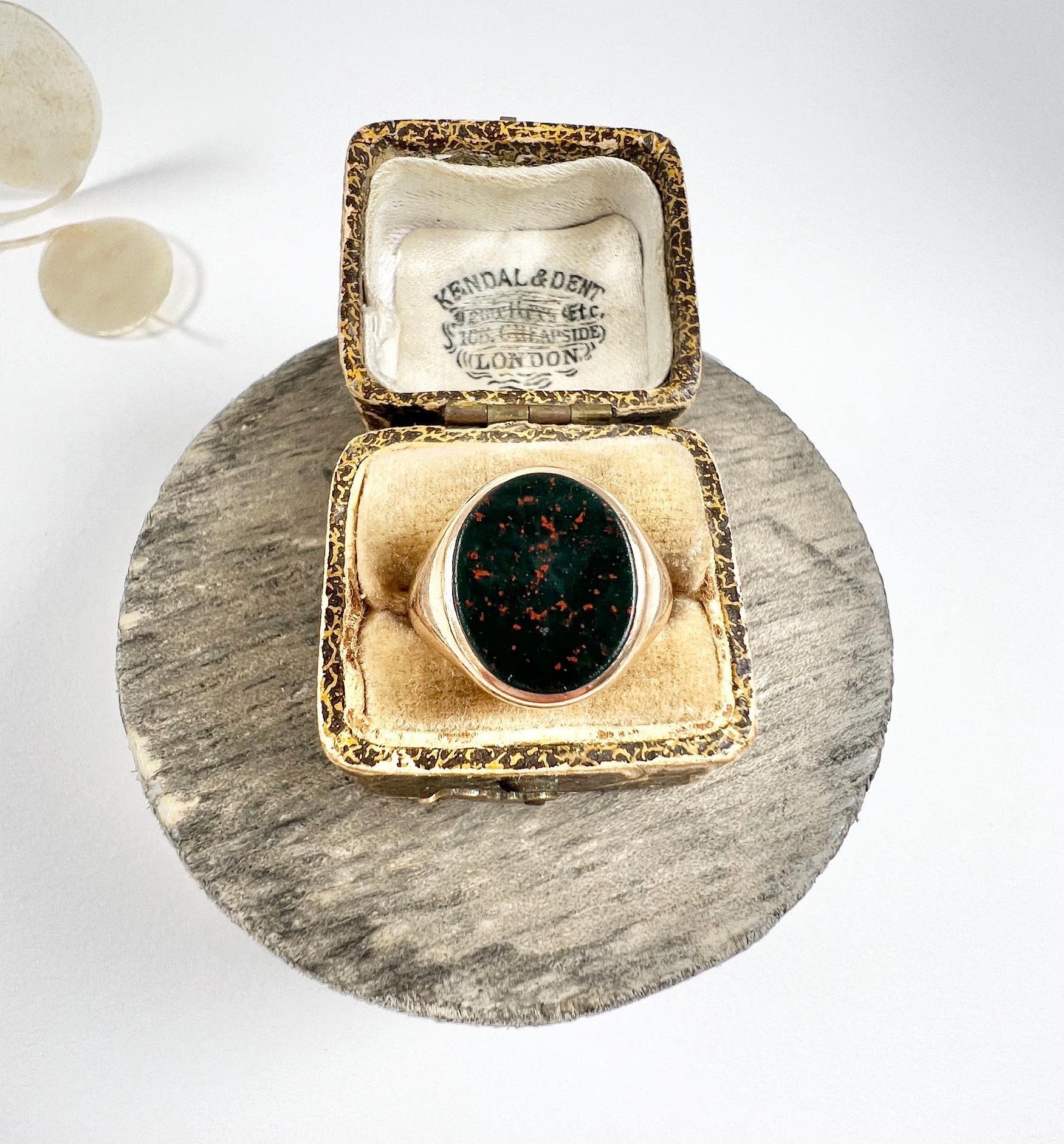 Vintage 9ct Gold Stamped, Oval Bloodstone Signet Ring, Hallmarked London 1956 3