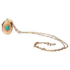 Vintage 9ct Gold Turquoise Locket Necklace With A Chain