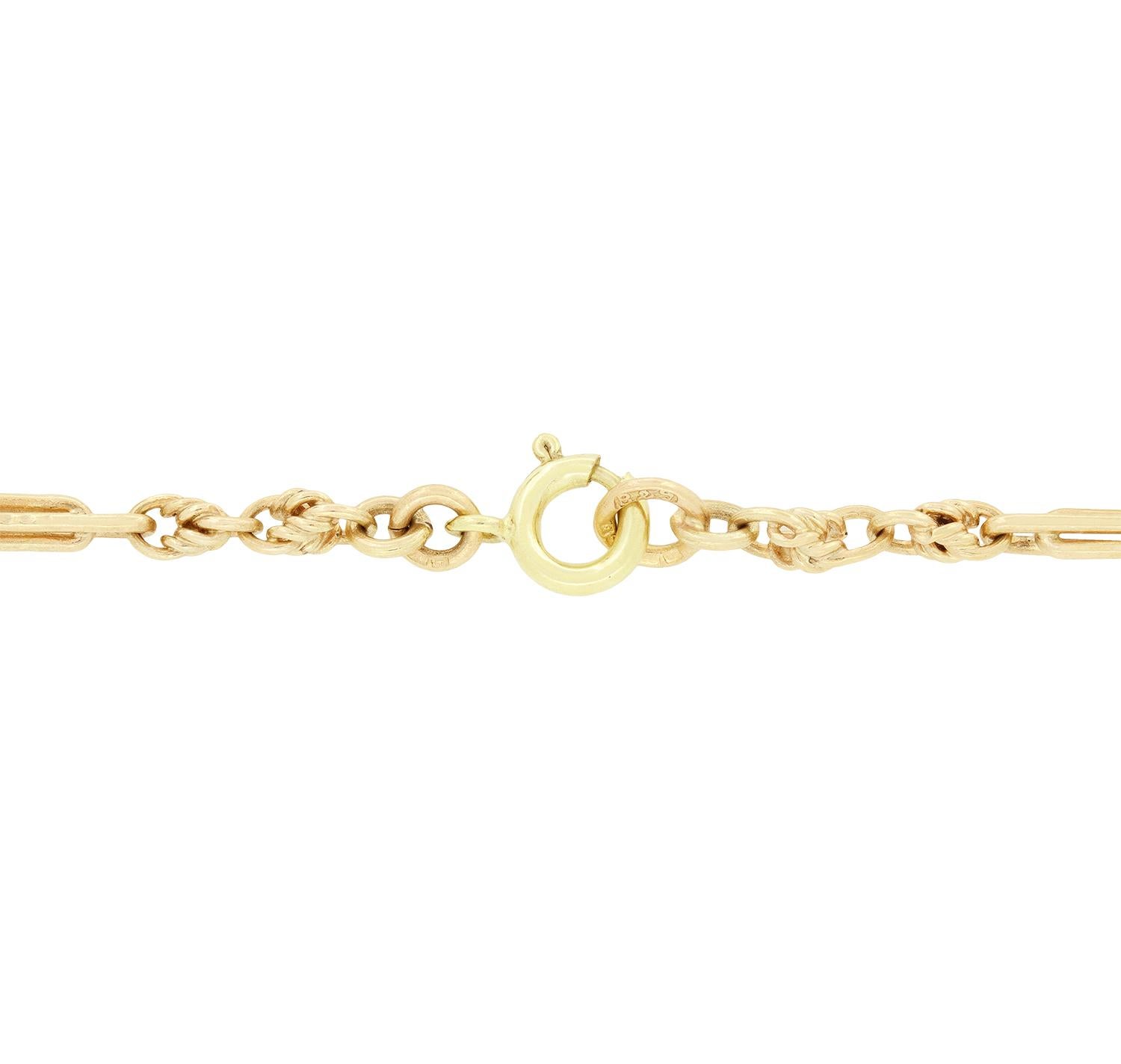This beautiful vintage watch chain has hallmarks dating to 1976. Crafted in 9 carat yellow gold the chain features a mixed link patterns and weighs a total of 15.8 grams. At 27″ in length and 2.5mm in width, its incredibly wearable for someone who