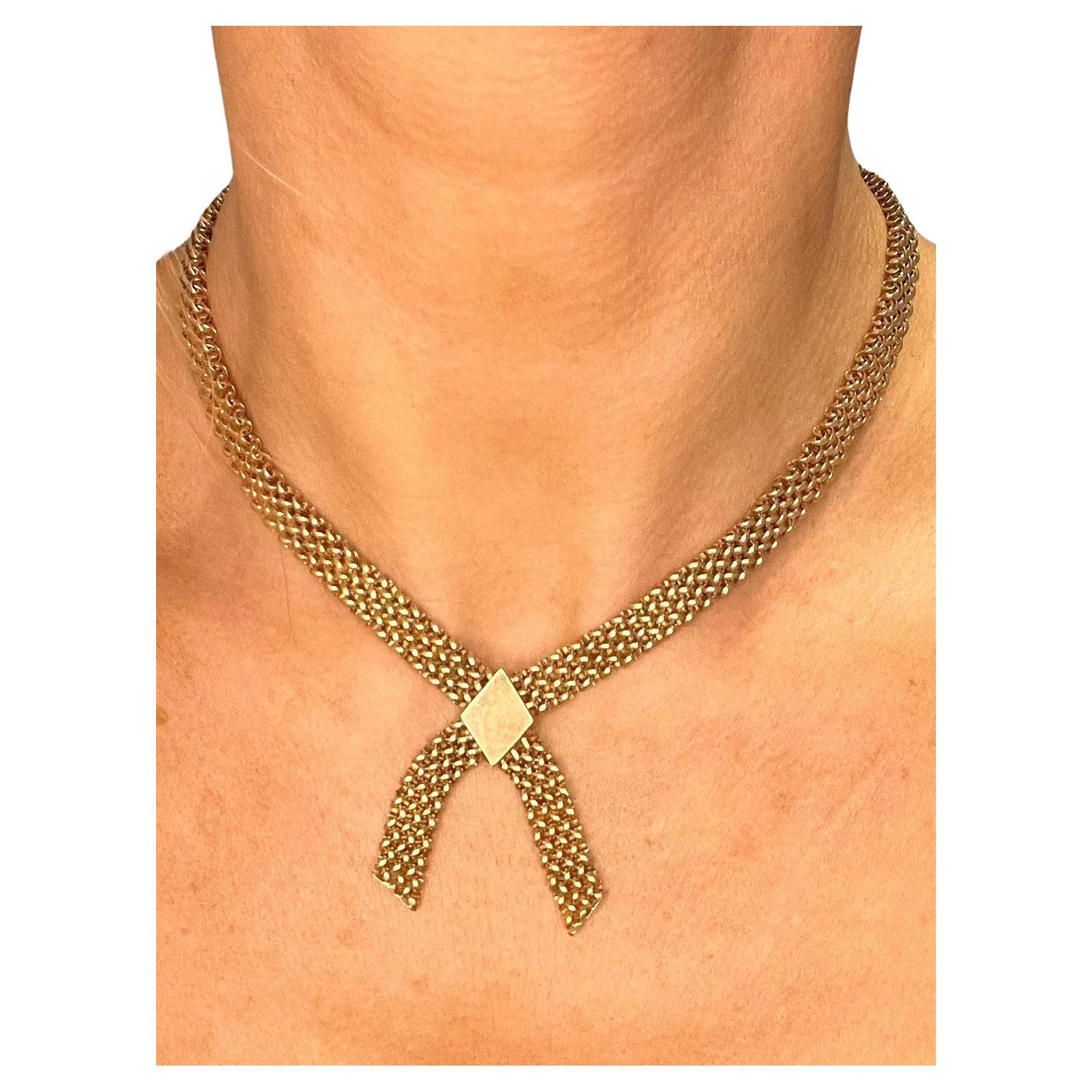Vintage 9ct Gold Woven Link 1990s Cross Over Collar Necklace 