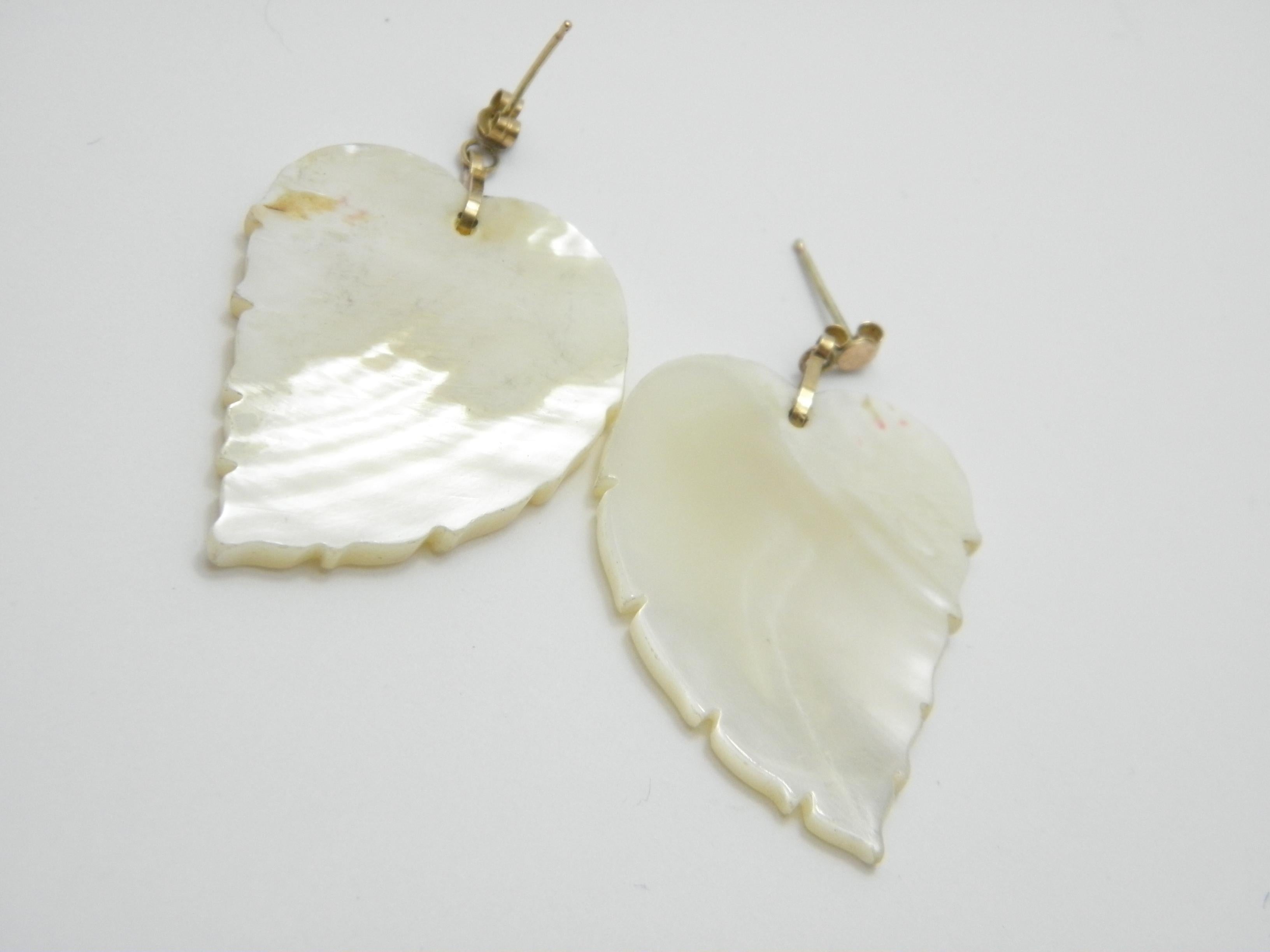 Women's or Men's Vintage 9ct MOP Pearl Leaf Dangle Drop Earrings 375 Purity, Hand Carved Angel For Sale