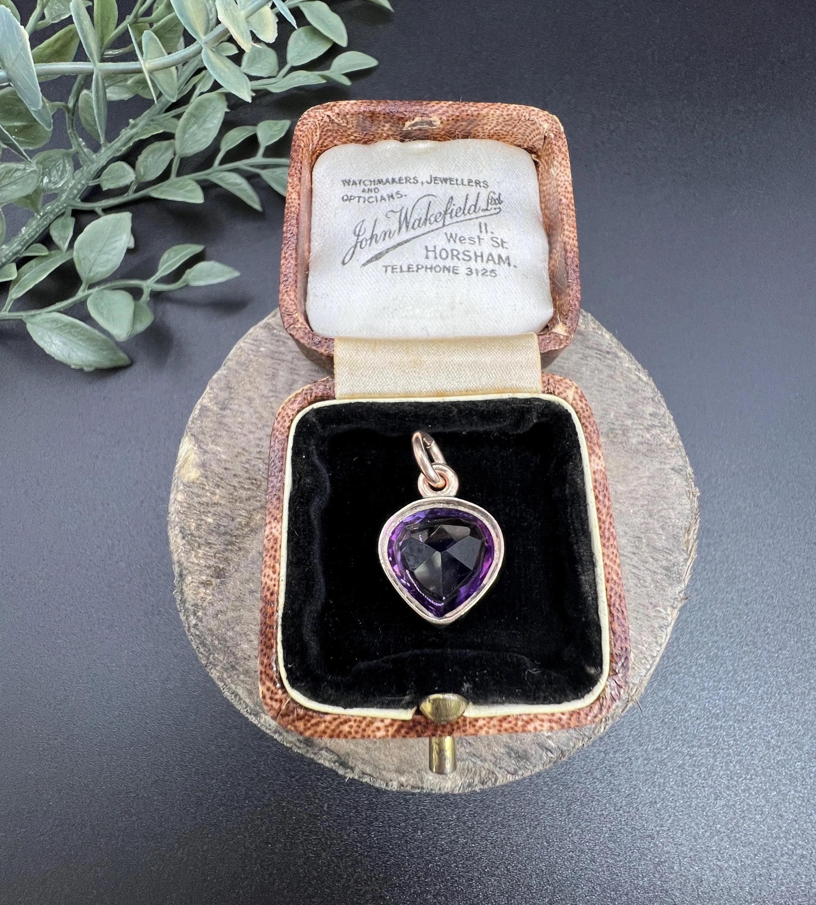 Vintage 9ct Rose Gold, 1930er Jahre Amethyst Herz geformt Anhänger Charme im Angebot 4