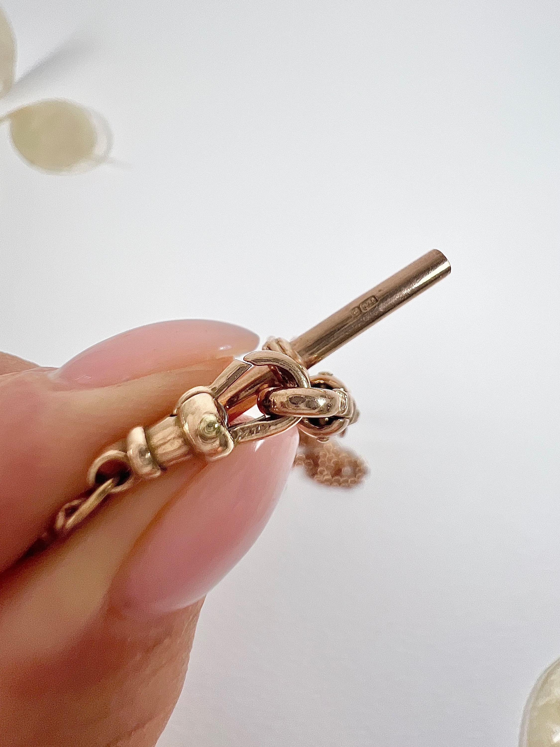 Vintage 9ct Rose Gold 20 3/4 pulgadas Curb Link Albert Watch Chain Con T Bar en venta 3