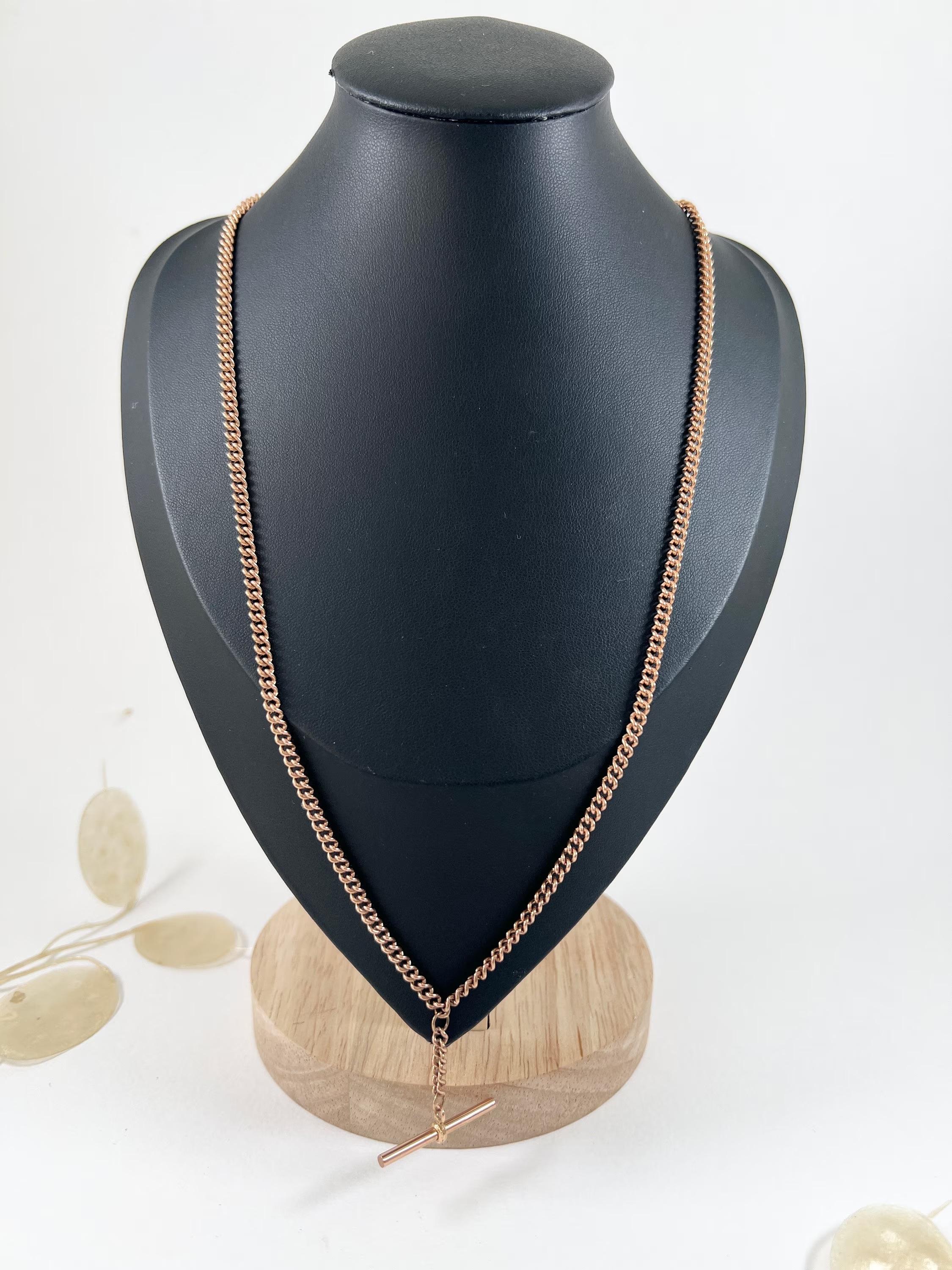 Vintage 9ct Rose Gold 20 3/4 pulgadas Curb Link Albert Watch Chain Con T Bar en venta 4