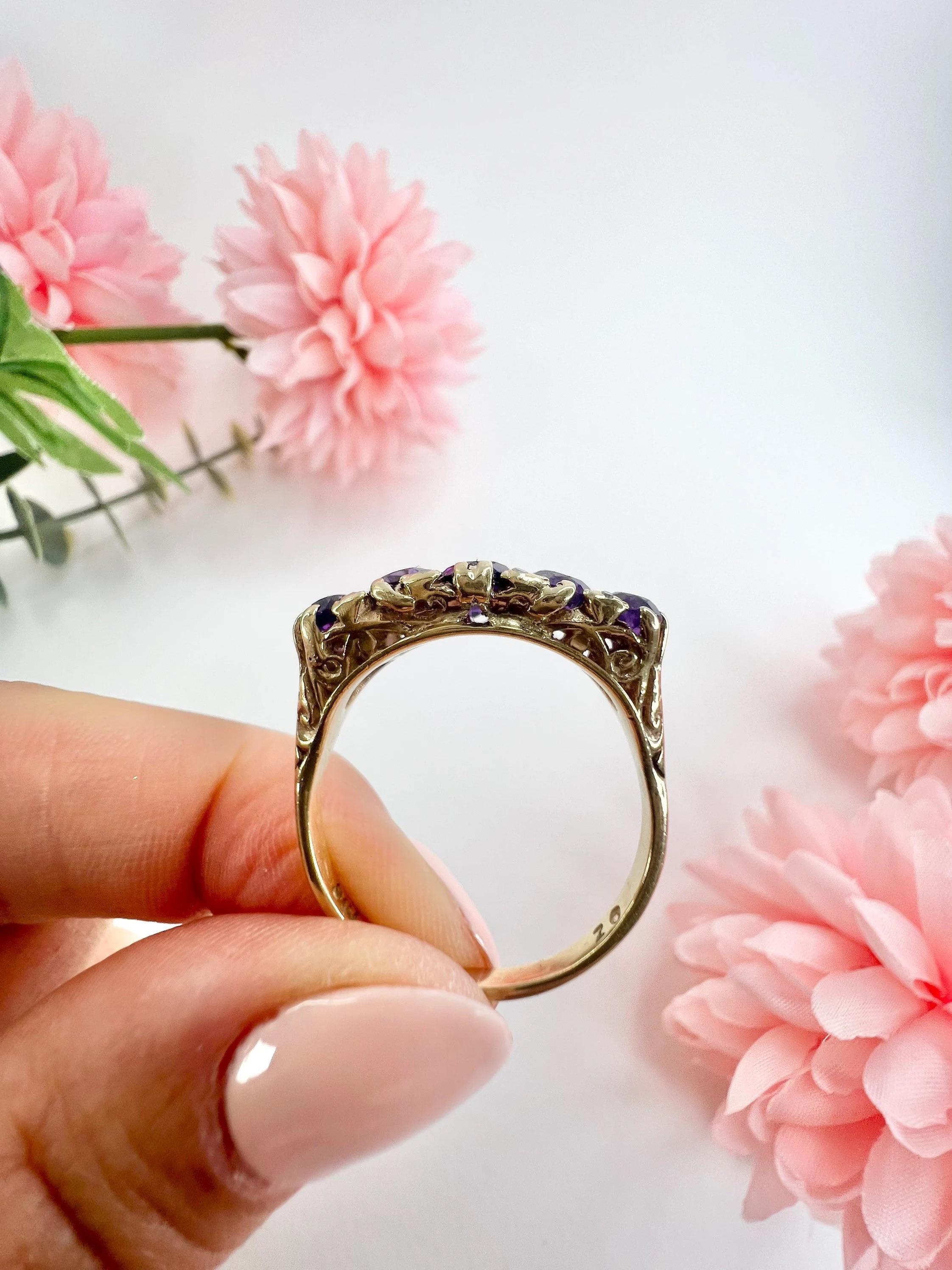 Vintage 9ct Rose Gold Amethyst & Diamond Carved Ring For Sale 6