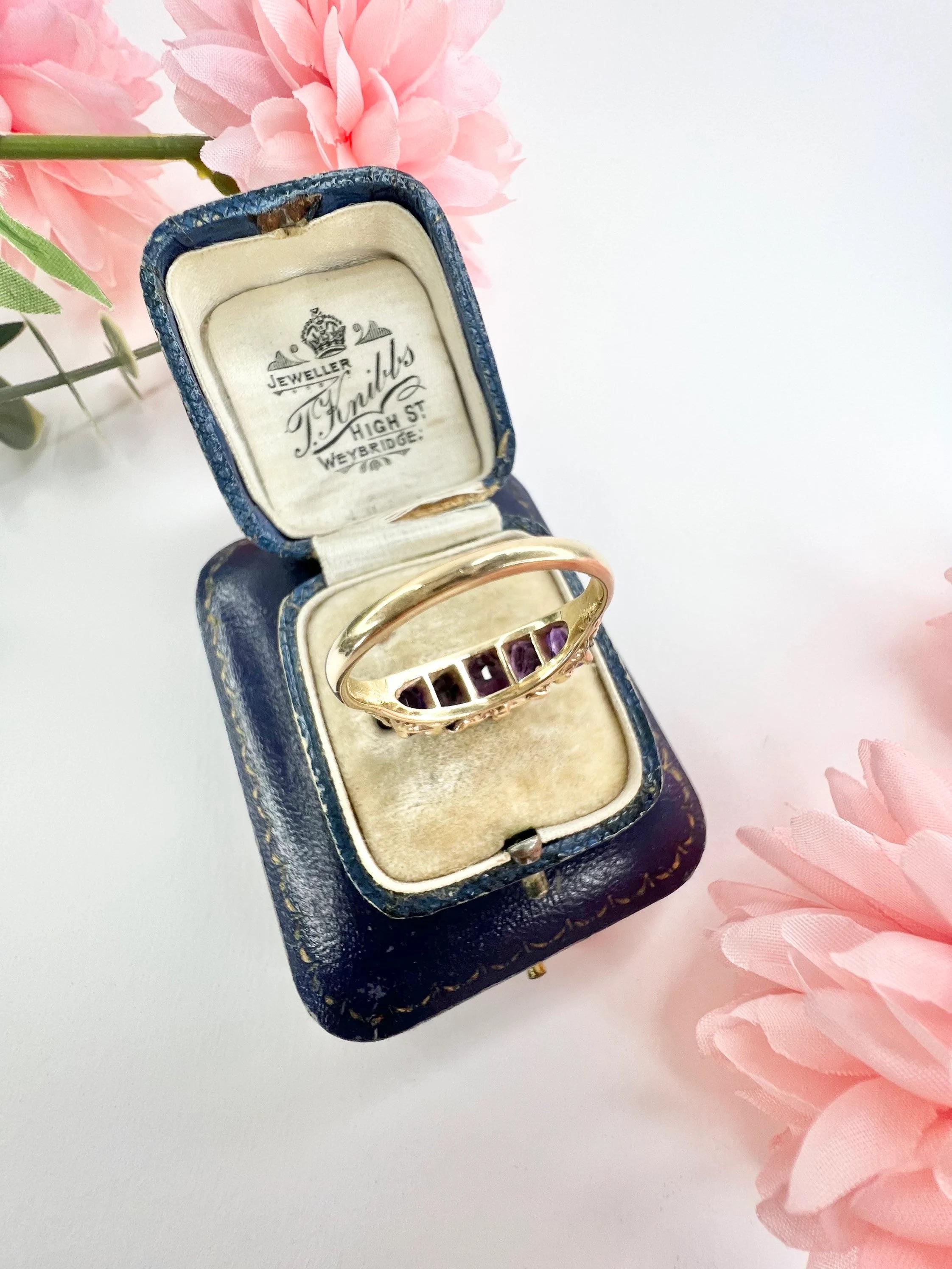 Rose Cut Vintage 9ct Rose Gold Amethyst & Diamond Carved Ring For Sale