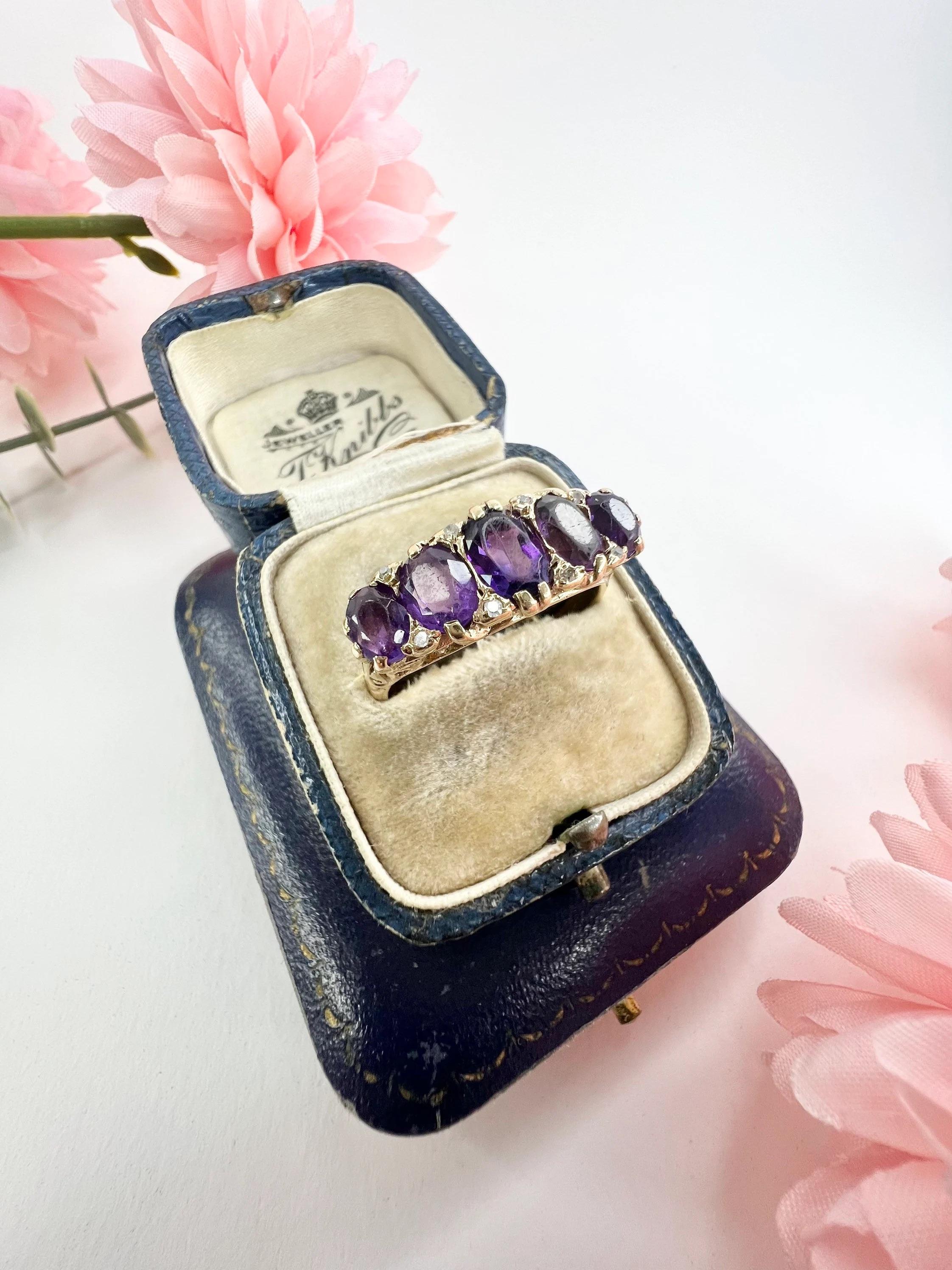 Vintage 9ct Rose Gold Amethyst & Diamond Carved Ring For Sale 3