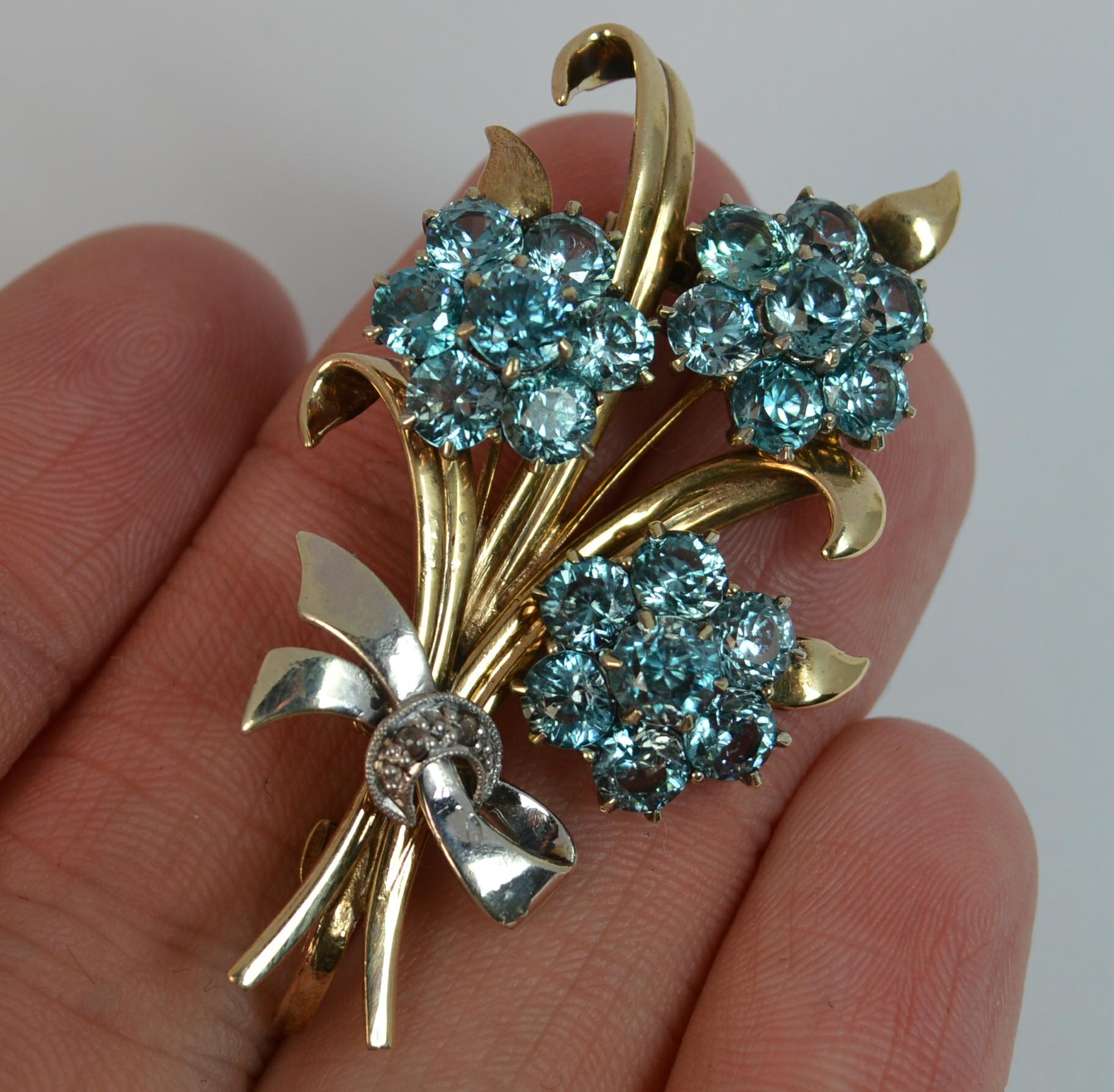 Vintage 9 Carat Rose Gold and Platinum Natural Zircon Floral Spray Brooch In Good Condition In St Helens, GB