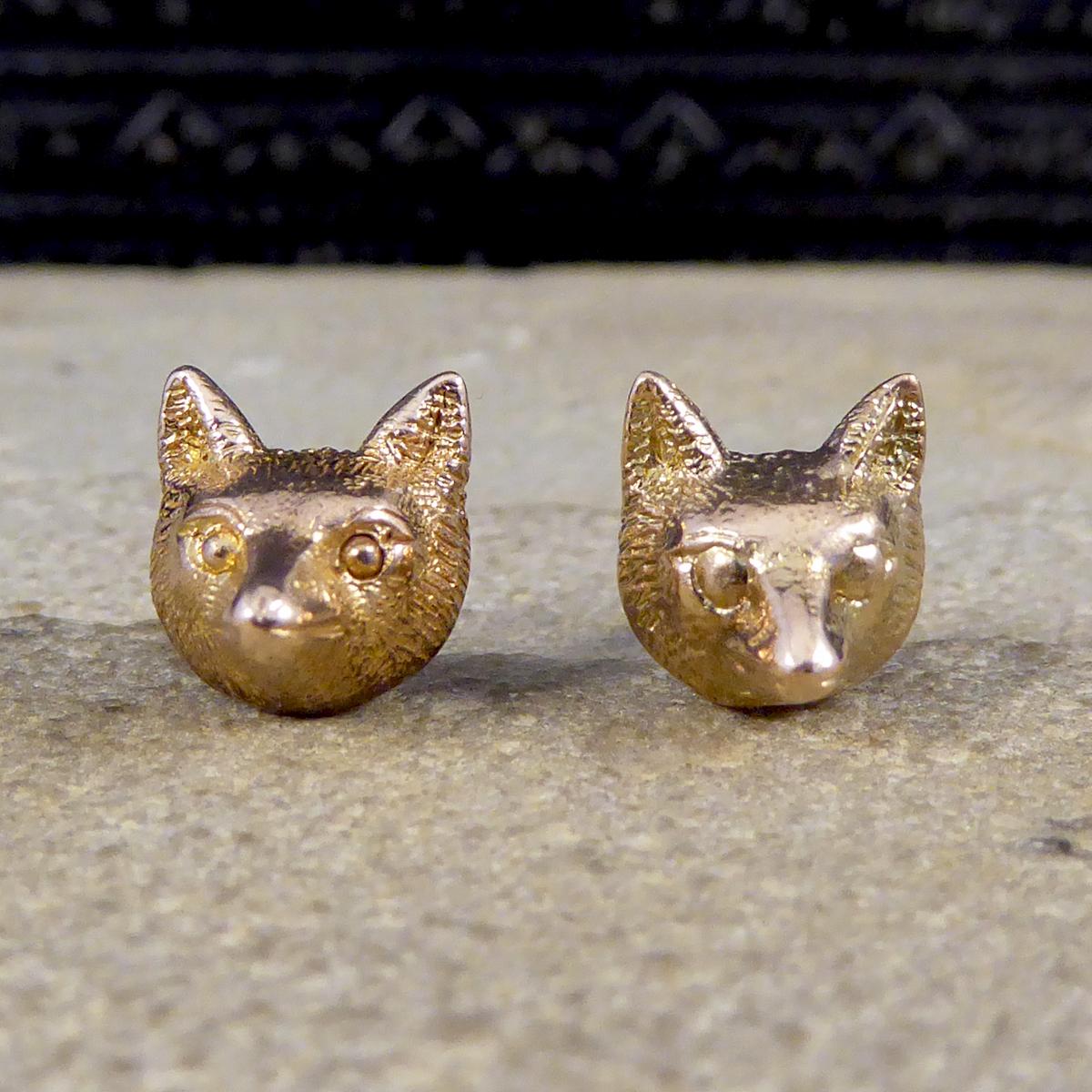 These cute vintage Fox head earrings have been crafted in 9ct rose gold. Each earring has a different and unique stem as one sits slightly shorter than the other but both go through the ear and are held securely with a butterfly back.

Condition: