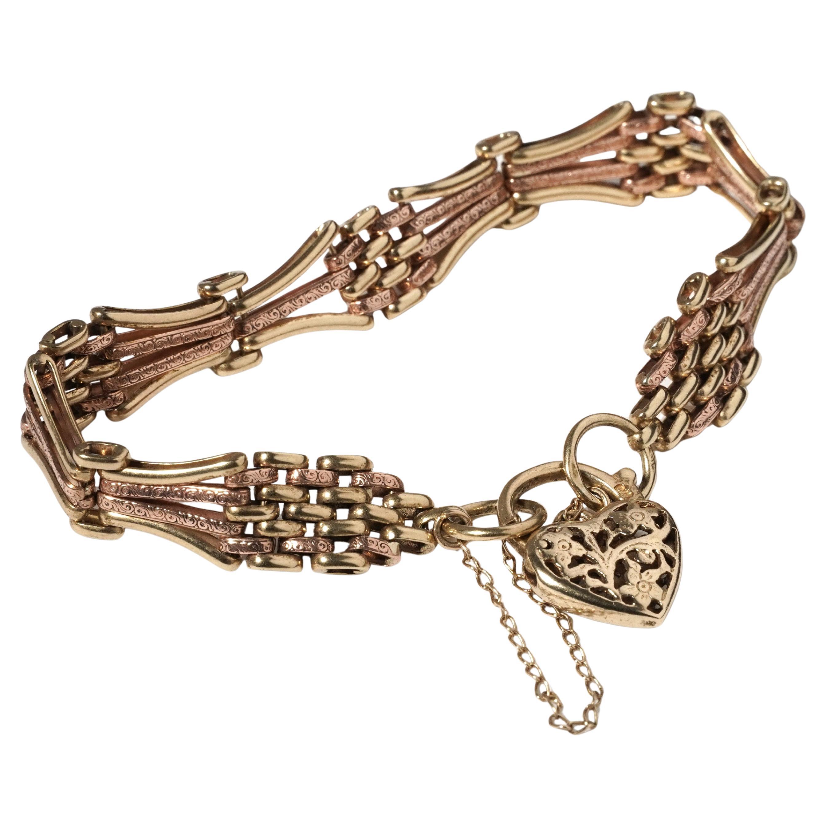 Pulsera vintage de eslabones de oro rosa y amarillo de 9 ct Flor de candado de corazón grabada