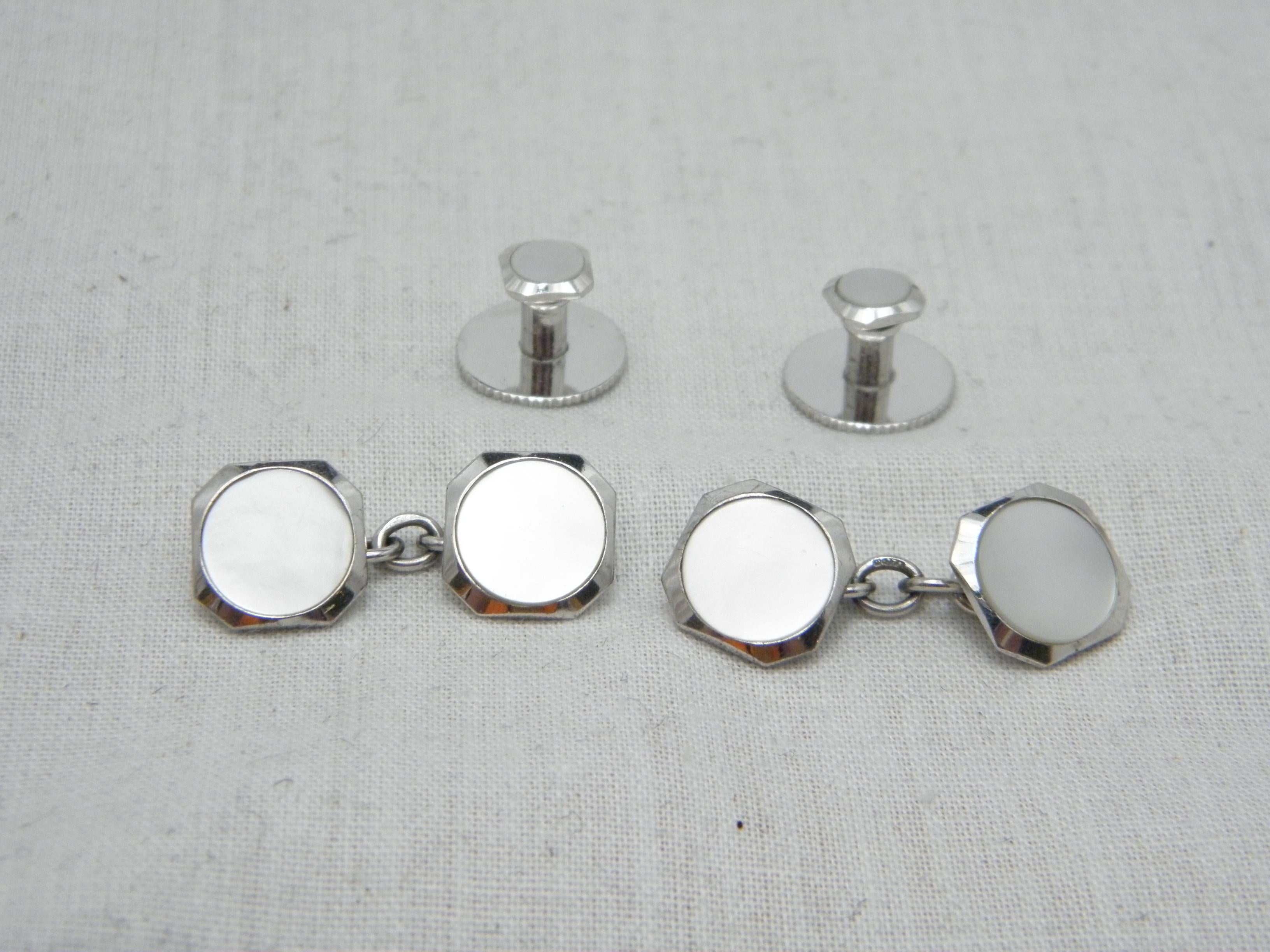 Contemporary Vintage 9ct White Gold Cufflinks Collar Stud Set 375 Purity Heavy 8.2g Cuff Link For Sale