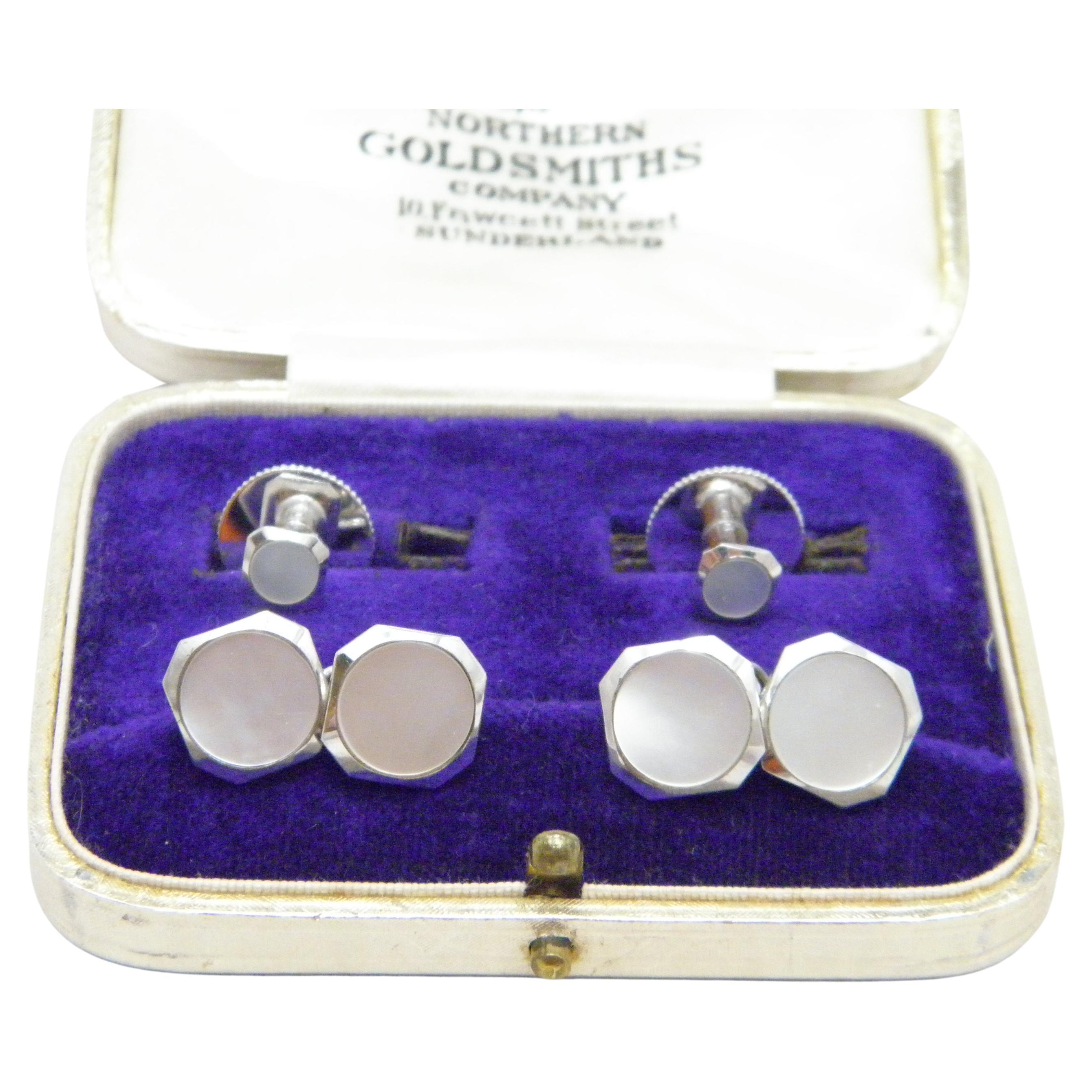 Vintage 9ct White Gold Cufflinks Collar Stud Set 375 Purity Heavy 8.2g Cuff Link For Sale