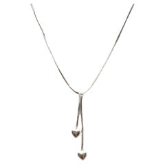 Vintage 9ct White Gold Twin Heart Lariat Pendant Necklace 16 Inch Snake Chain