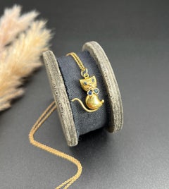Vintage 9ct Yellow Gold, 1980s Cat Pendant with Dark Blue Stone Collar & Eyes