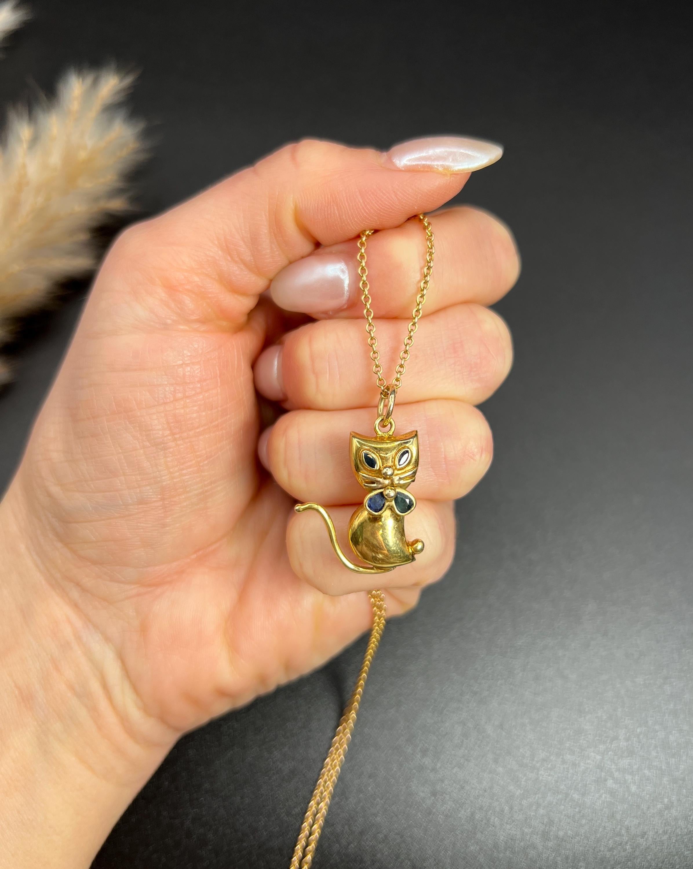 Vintage 9ct Yellow Gold, 1980s Cat Pendant with Dark Blue Stone Collar & Eyes 5