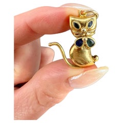 Vintage 9ct Yellow Gold, 1980s Cat Pendant with Dark Blue Stone Collar & Eyes