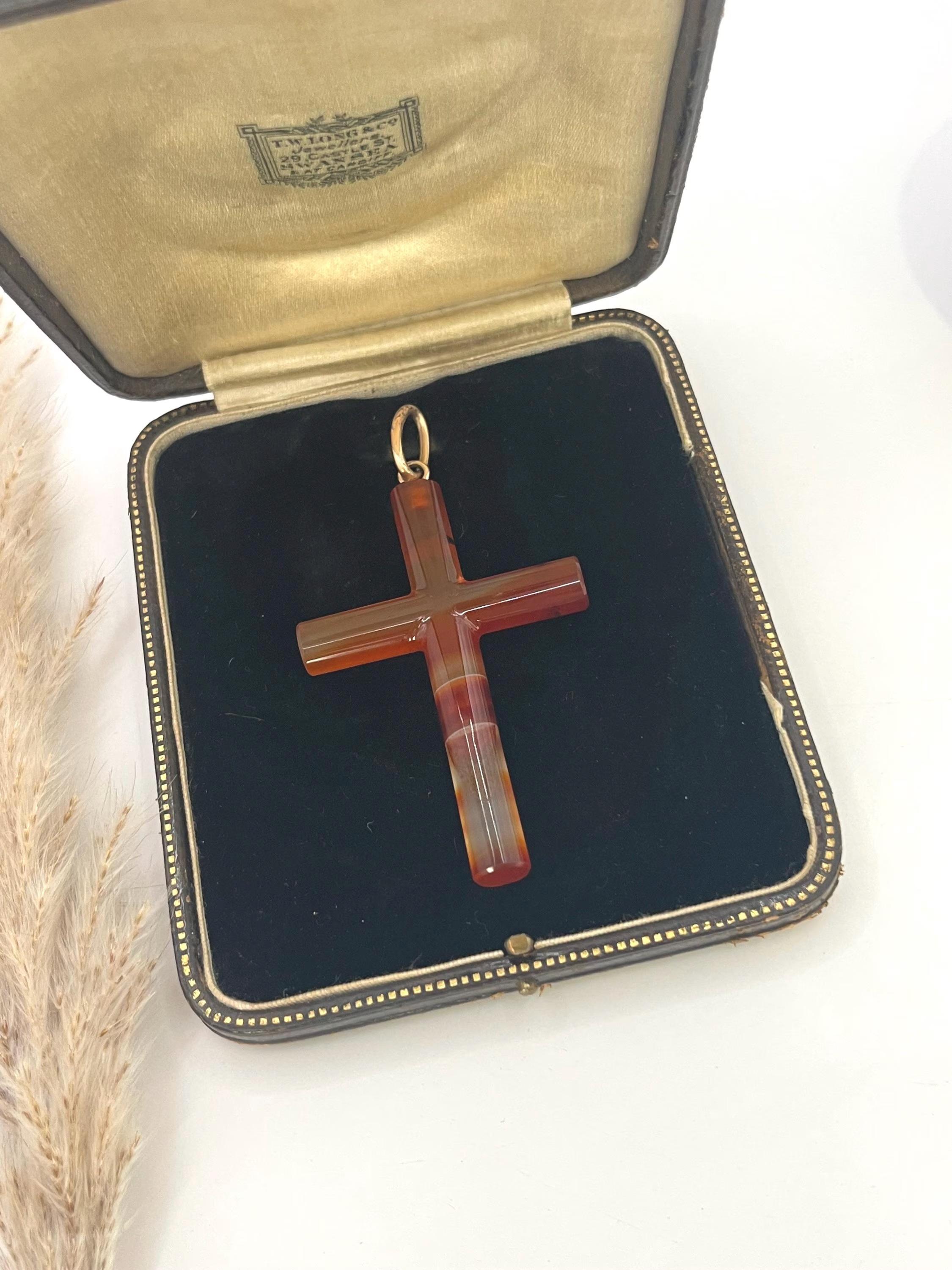 Vintage 9ct Yellow Gold Agate, Cross Pendant, Religious Jewellery im Angebot 6