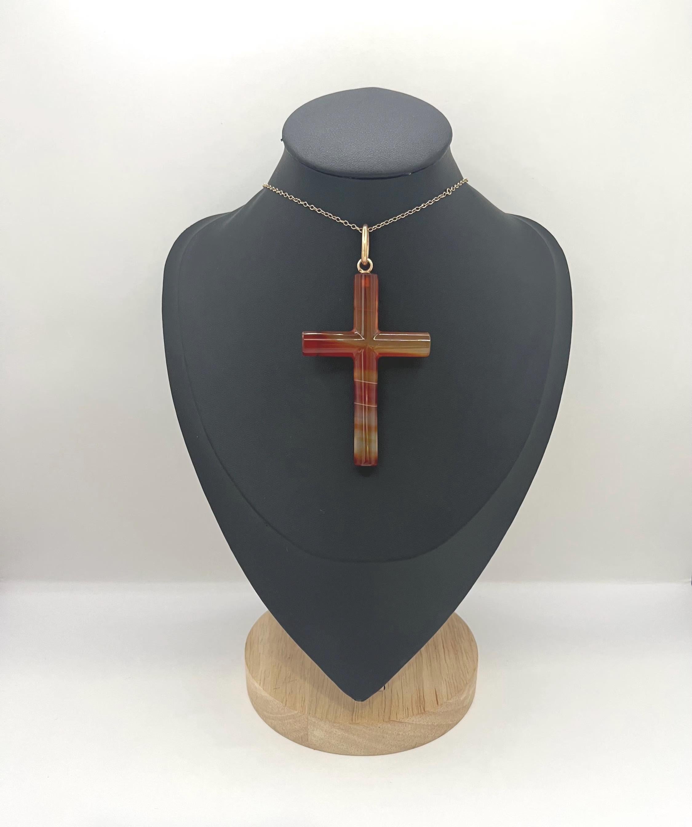 Vintage 9ct Yellow Gold Agate, Cross Pendant, Religious Jewellery im Angebot 2