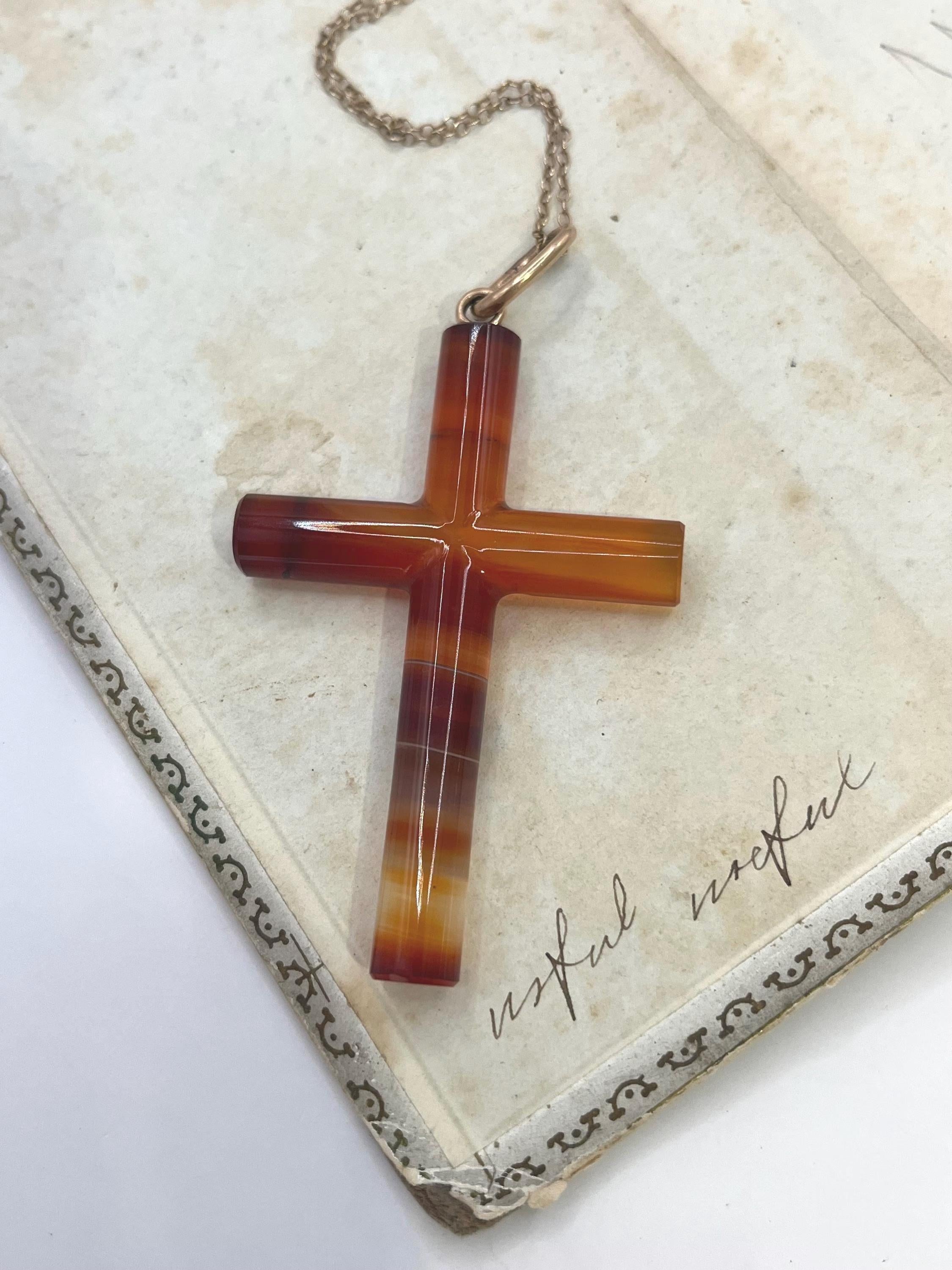 Vintage 9ct Yellow Gold Agate, Cross Pendant, Religious Jewellery im Angebot 3