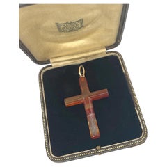 Vintage 9ct Yellow Gold Agate, Cross Pendant, Religious Jewellery