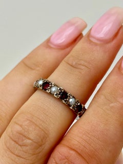 Vintage 9 Carat Yellow Gold Garnet and Pearl Full Eternity Band Ring