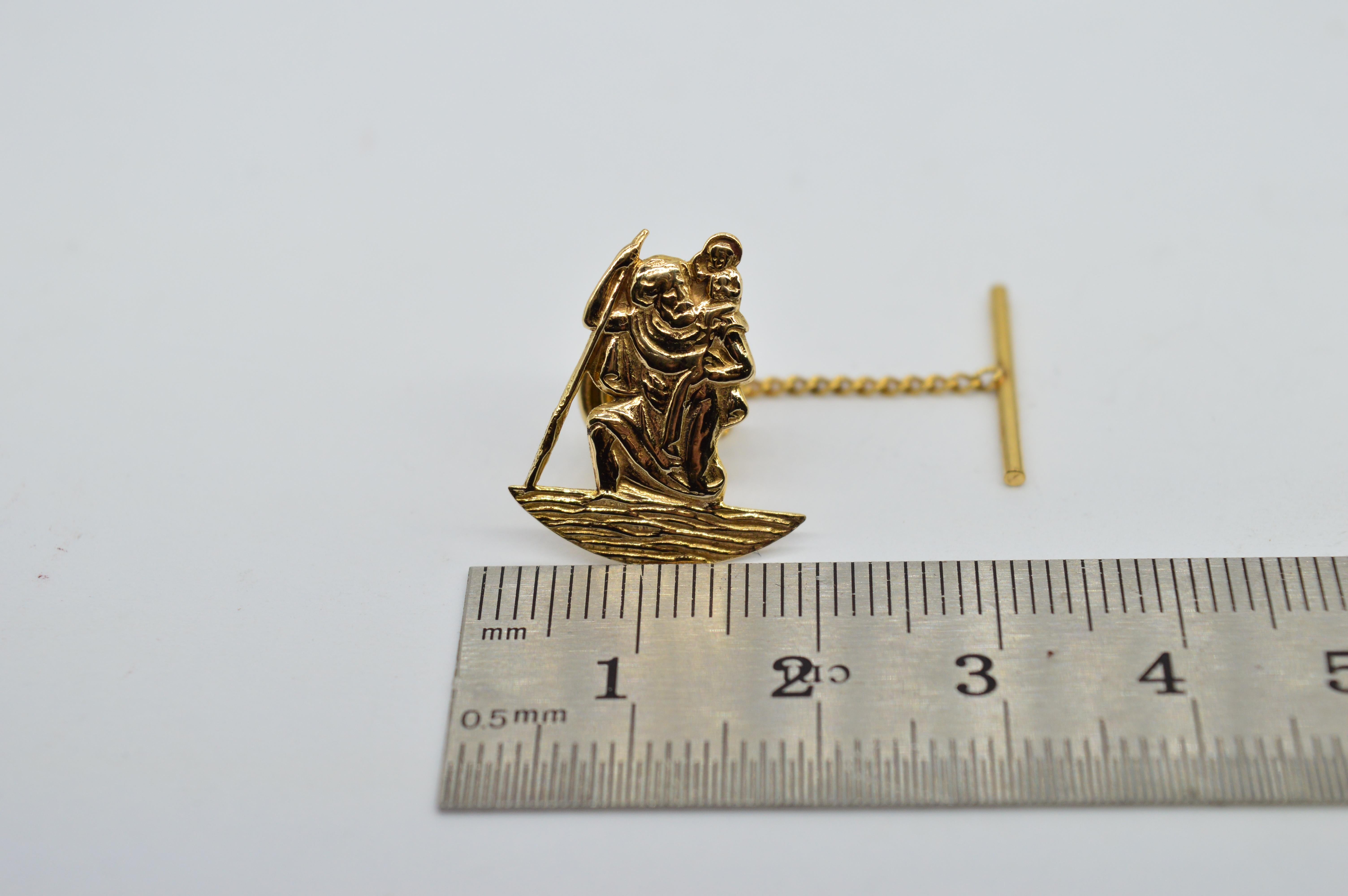 Vintage 9ct Yellow Gold St Christopher Statement Present Tie Tack Lapel Pin For Sale 1