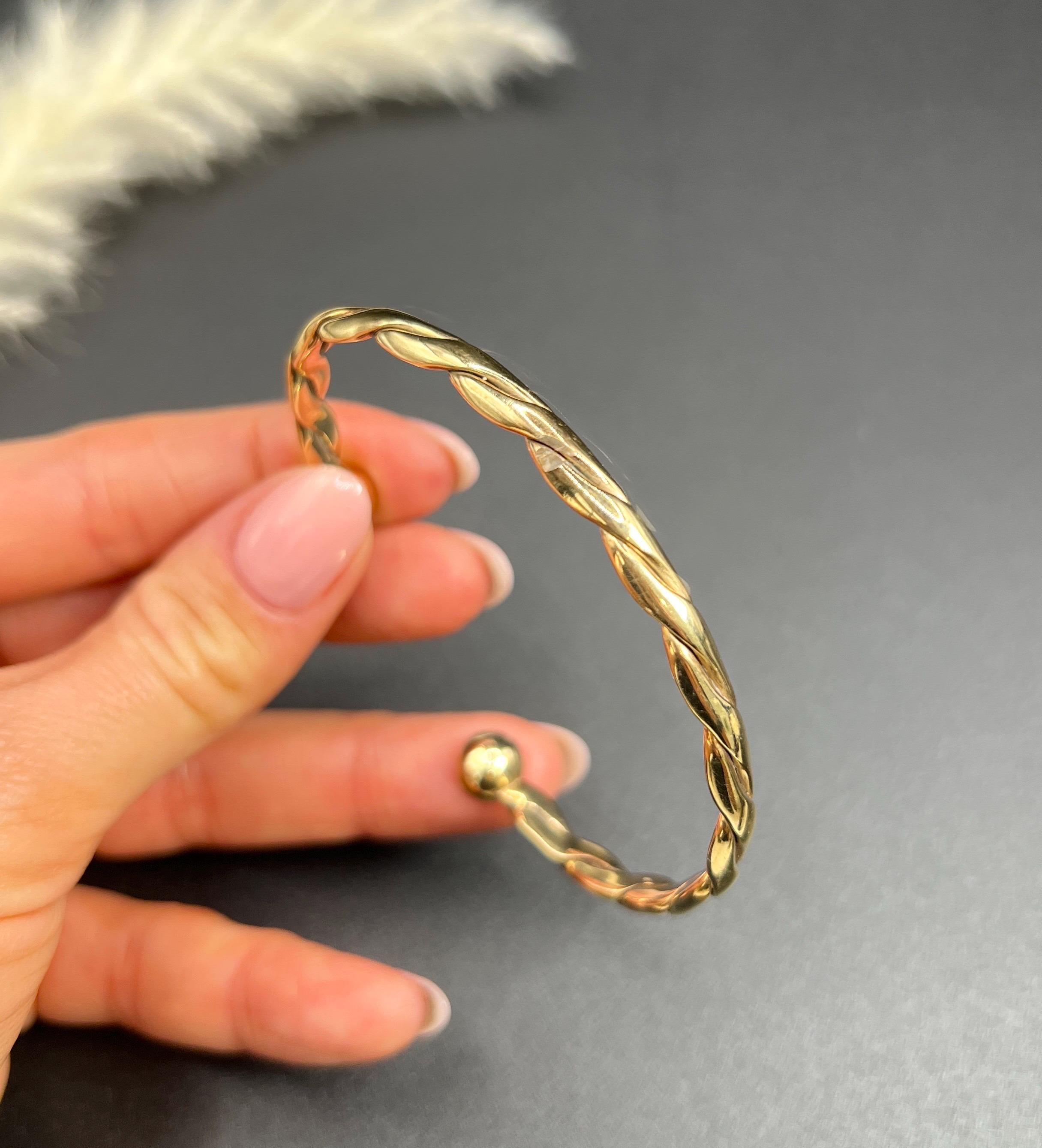 Vintage 9ct Yellow Gold Stamped, 1980s Fancy Twisted Torque Bangle 4