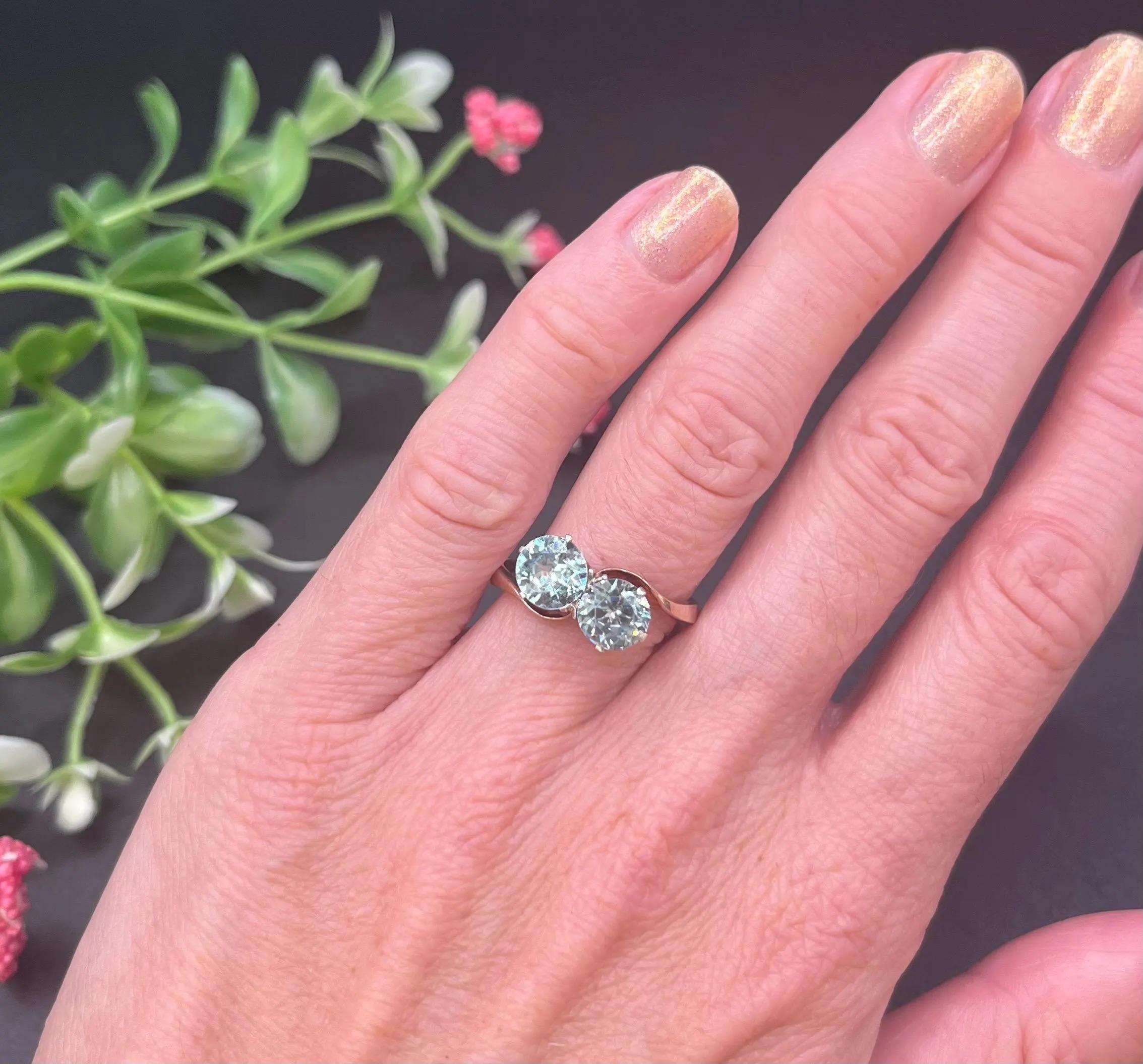 Vintage Two Stone Zircon Ring 

9ct Yellow Gold 

Circa 1980s

9ct gold moi et toi crossover ring featuring twin blue zircons. This romantic two-stone design, French for “me and you” celebrates partnership and symmetry. A classic silhouette with