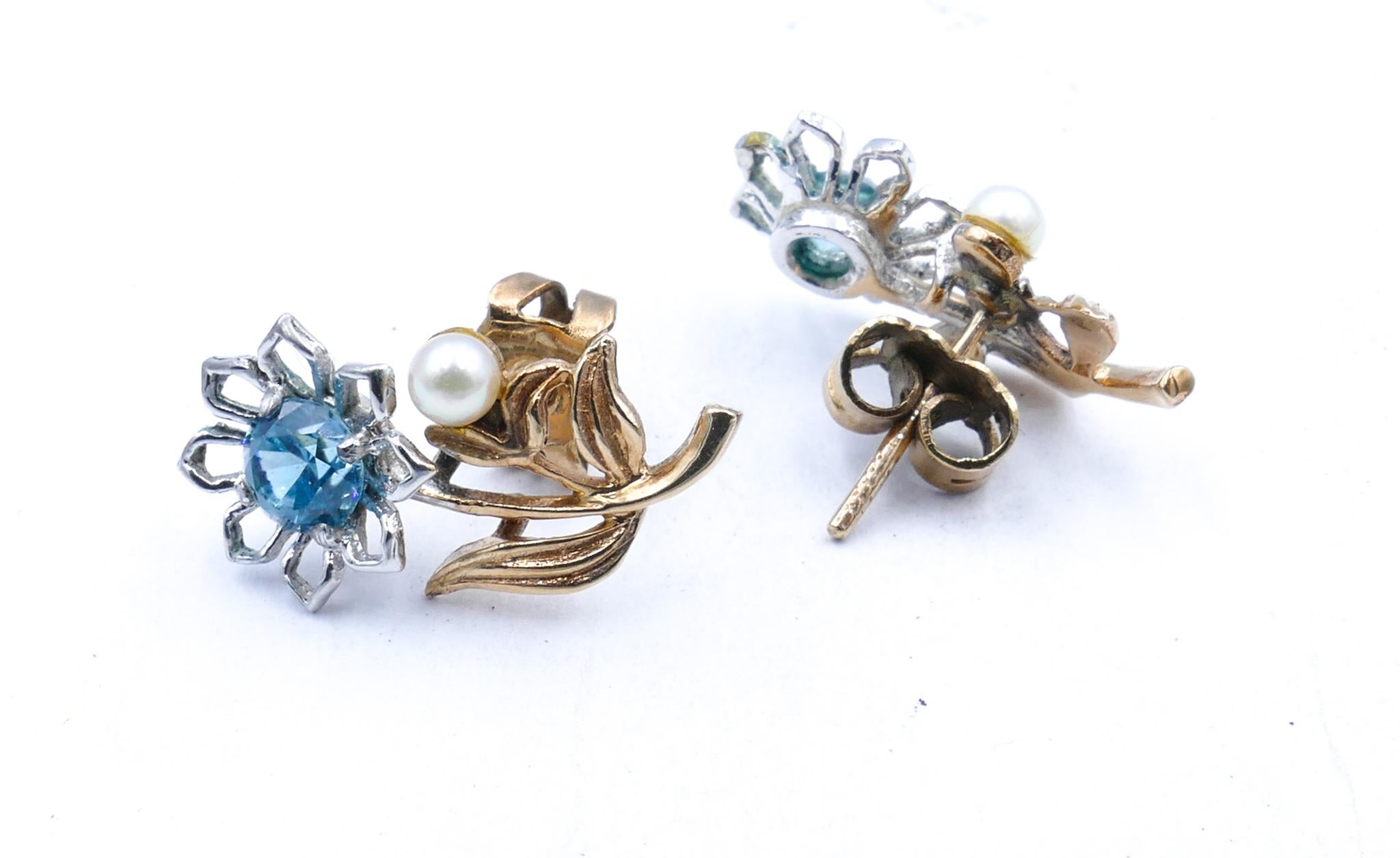 Romantic Vintage 9ct Yellow & White Gold Aquamarine & Pearl Stud Earrings For Sale
