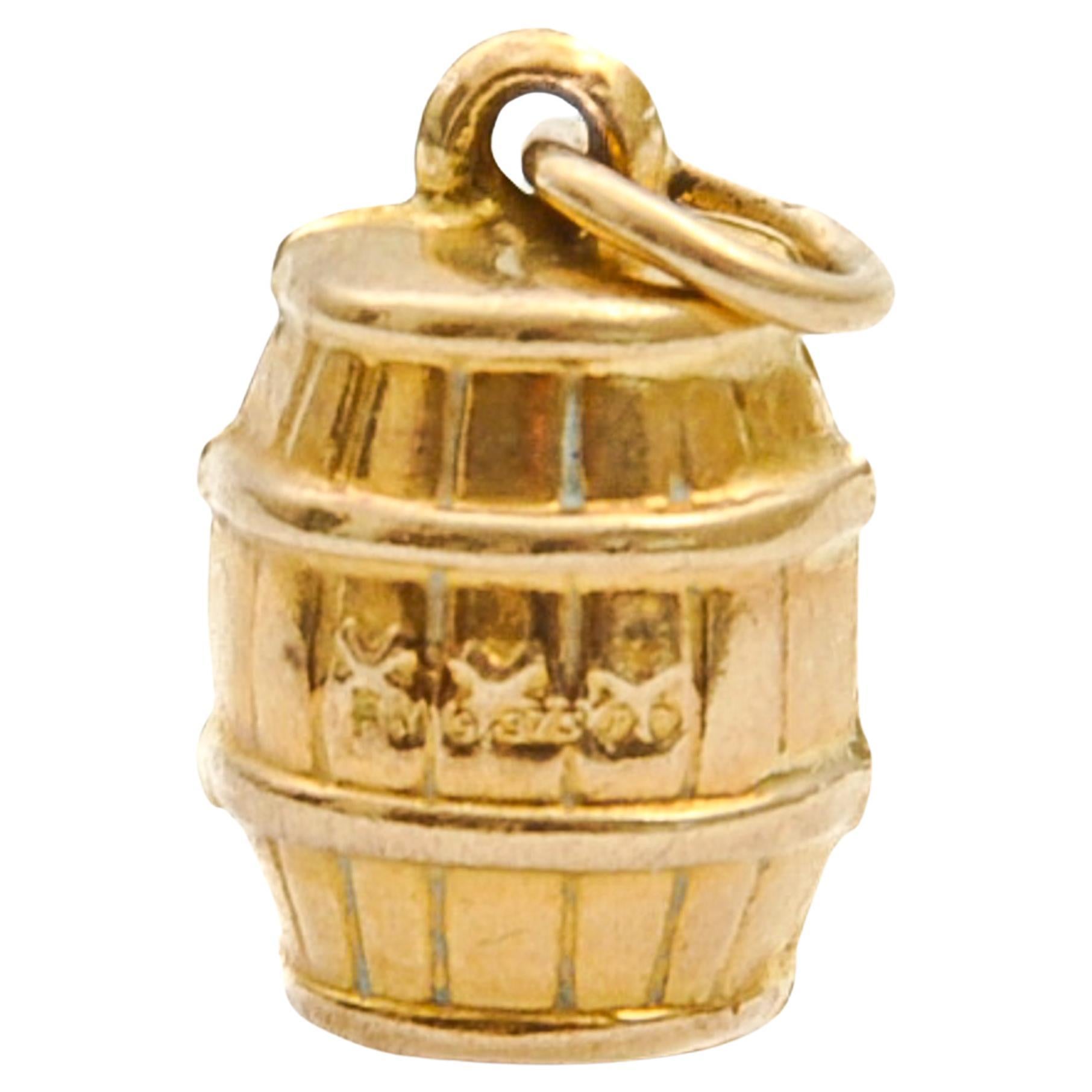 Vintage 9K Gold Barrel Charm Pendant For Sale