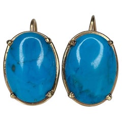 Vintage 9 Karat Gold Cabochon Cut Turquoise Oval Drop Earrings