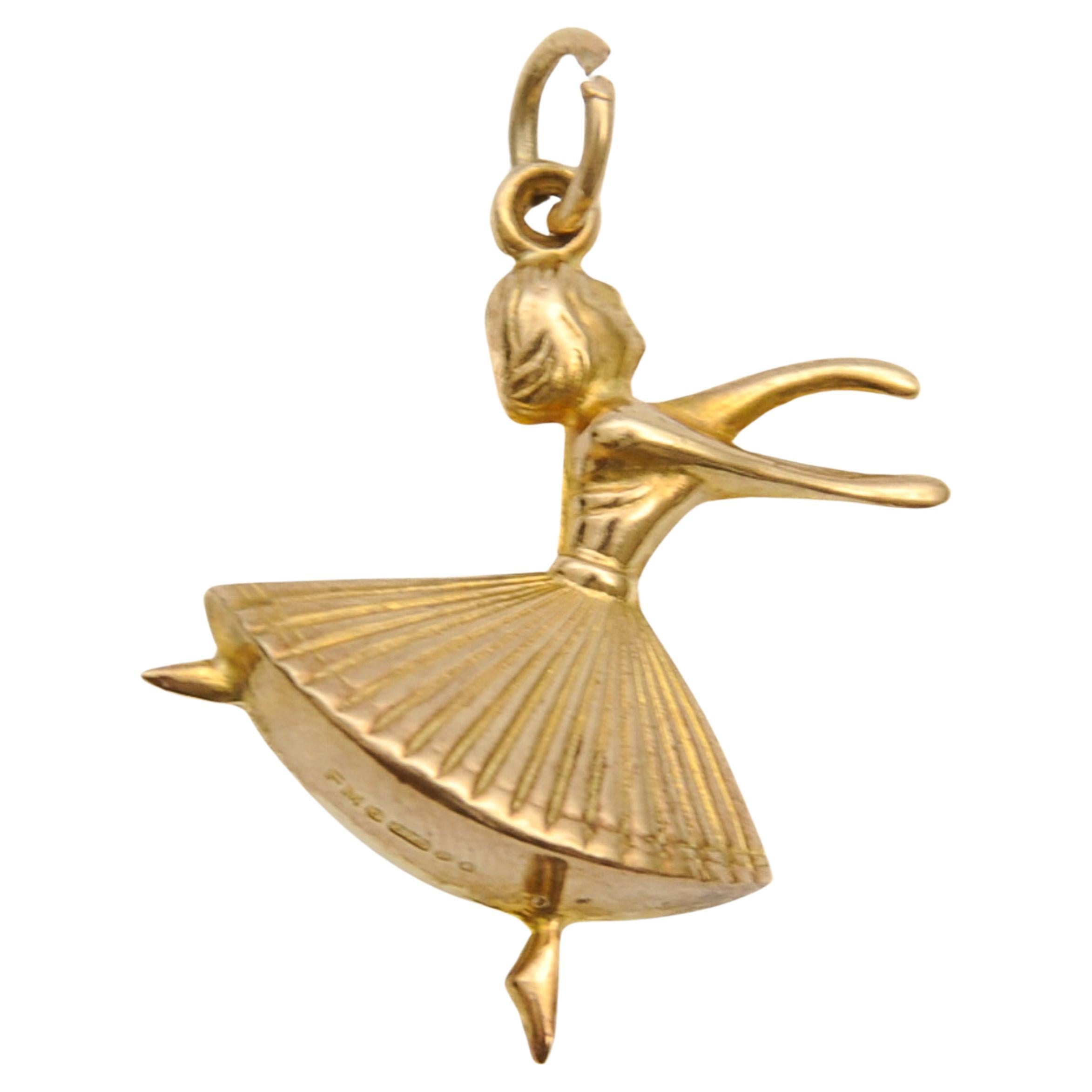 Vintage 9K Gold Dancing Ballerina Charm Pendant For Sale