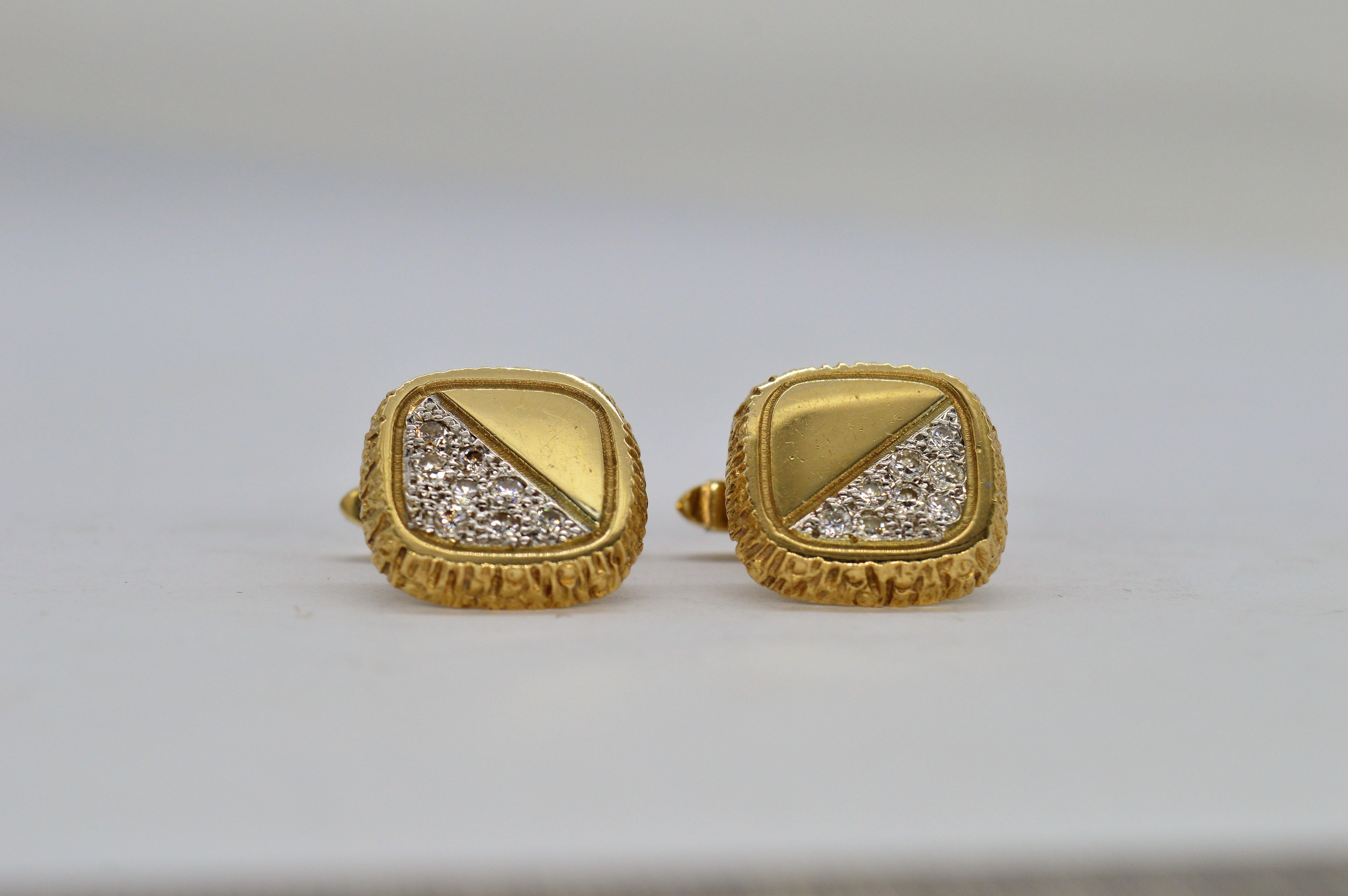 A set of 9ct yellow gold Diamond studded cufflinks made by Deakin and Francis

13.90g

We have sold to the set of Hit shows like Peaky Blinders and Outlander as well as to Buckingham Palace so our items are truly fit for royalty.

Through a decade