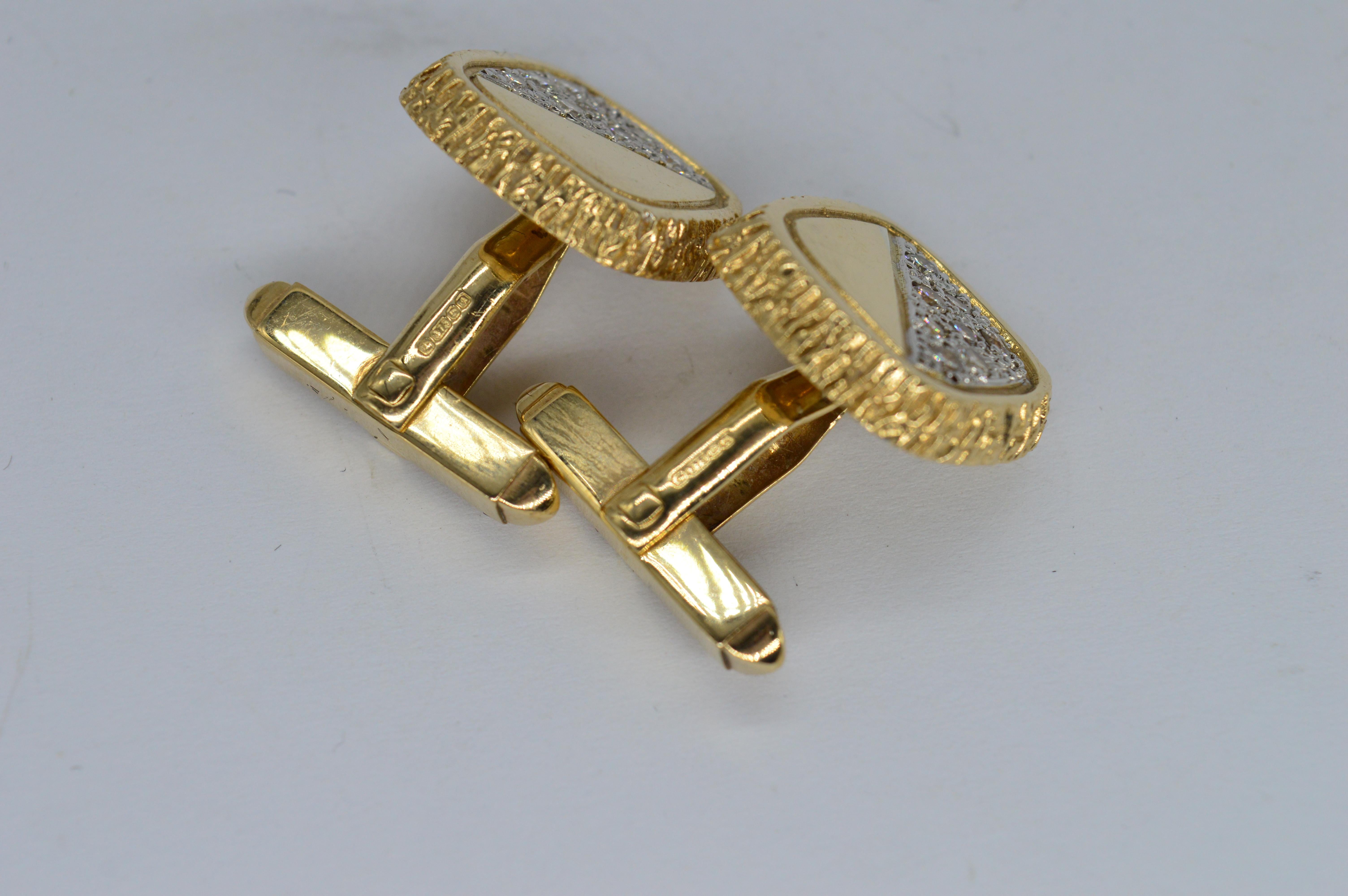 Women's or Men's Vintage 9K Gold Deakin and Francis Diamond Studded Art Deco Brutalist Cufflinks For Sale