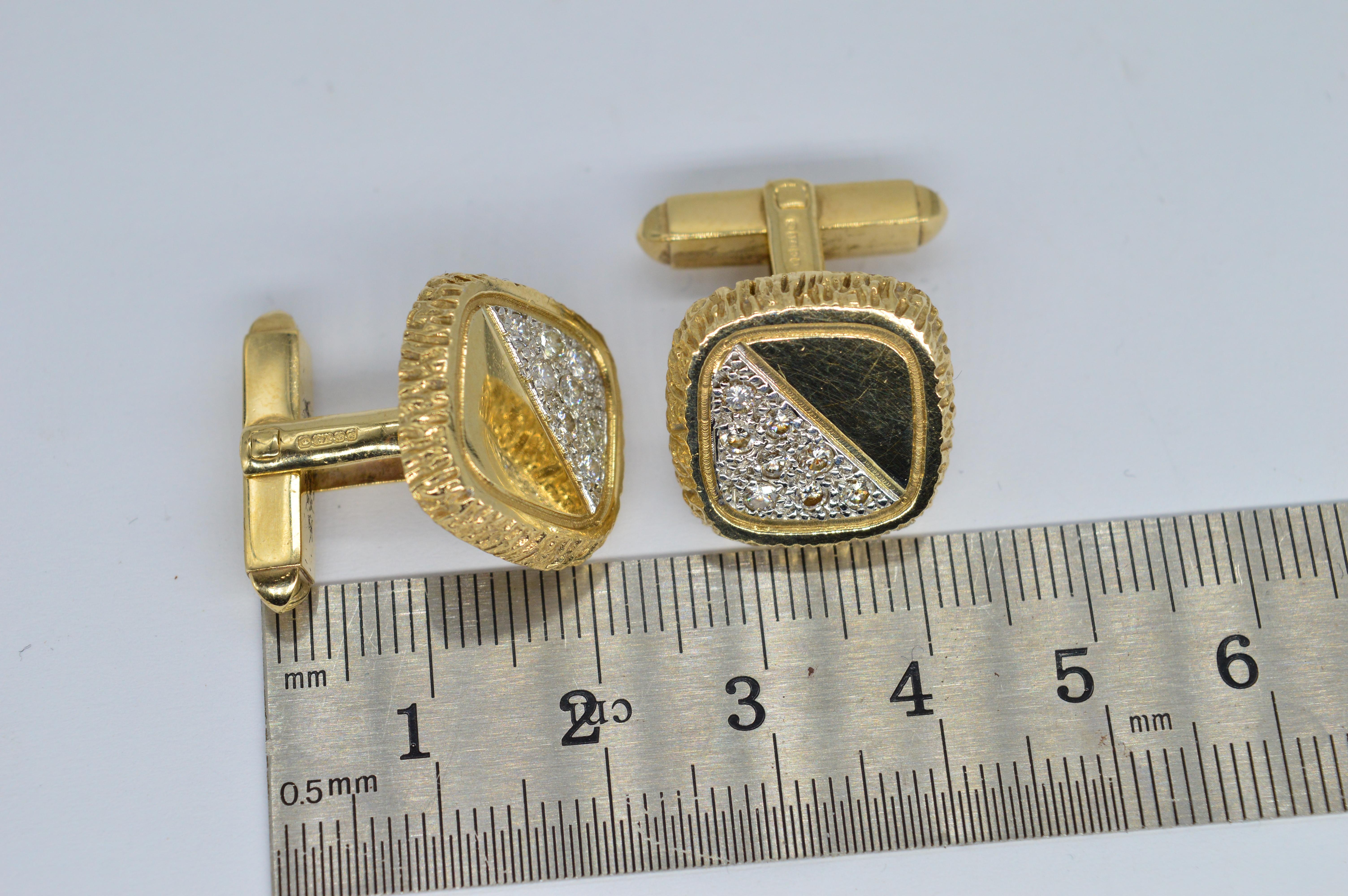 Vintage 9K Gold Deakin and Francis Diamond Studded Art Deco Brutalist Cufflinks For Sale 1