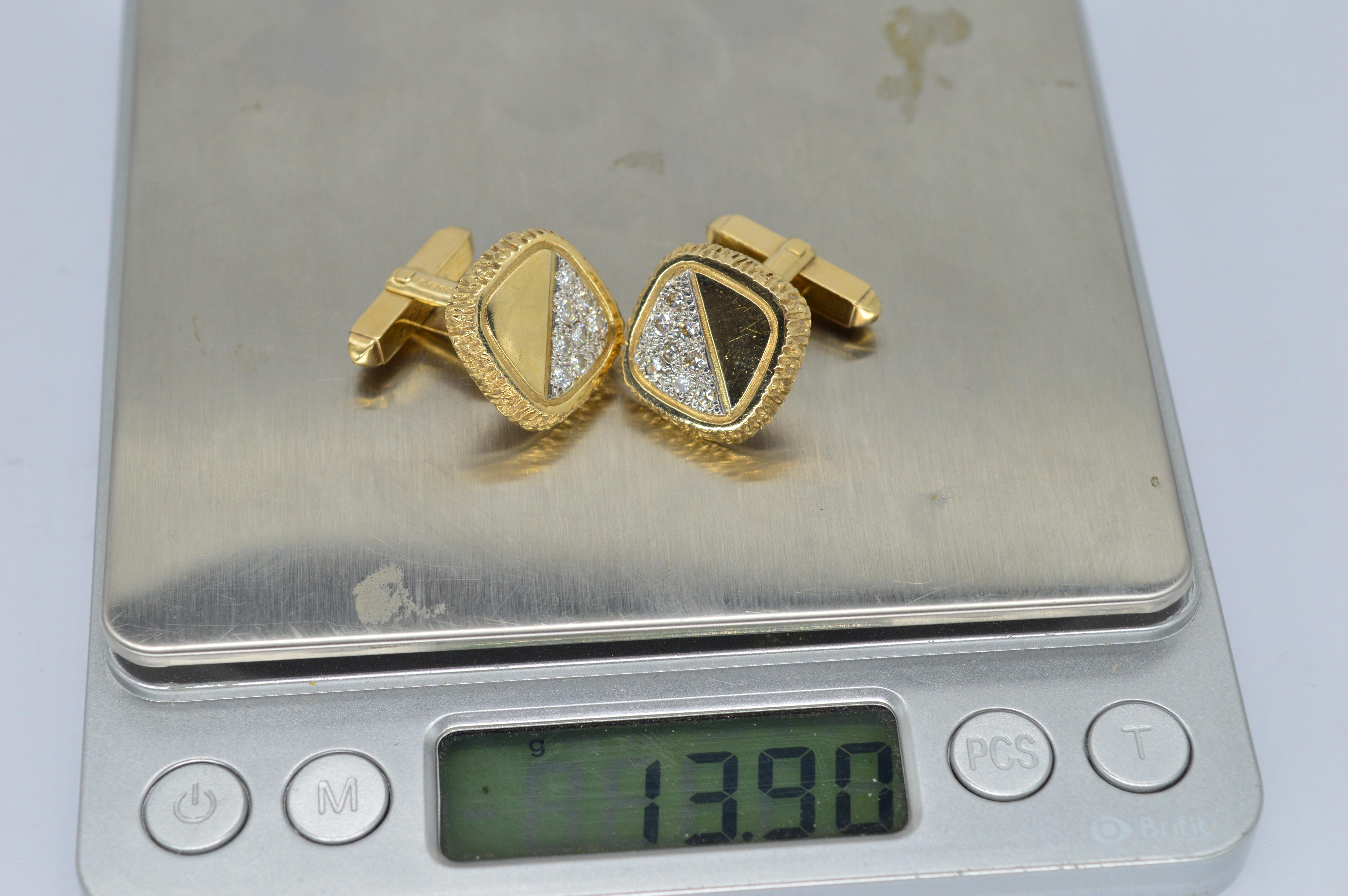 Vintage 9K Gold Deakin and Francis Diamond Studded Art Deco Brutalist Cufflinks For Sale 2