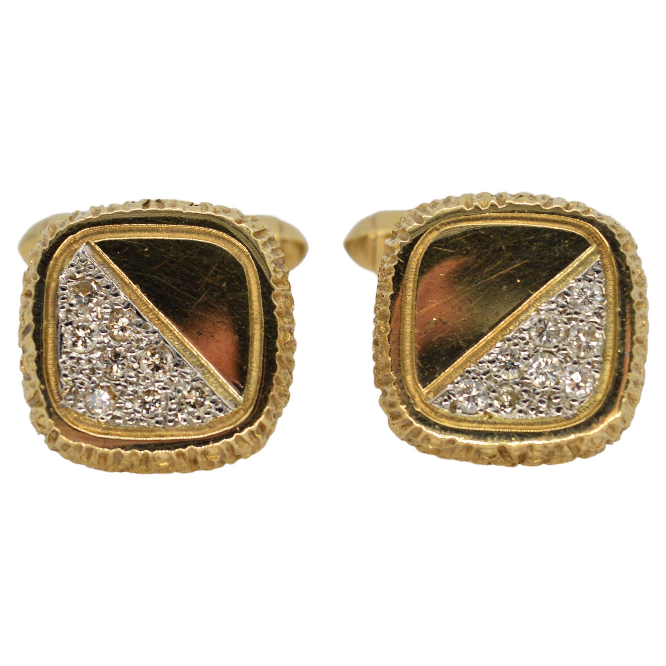 Vintage 9K Gold Deakin and Francis Diamond Studded Art Deco Brutalist Cufflinks For Sale