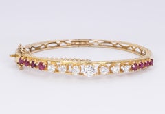 Vintage 9 Karat Gold, Diamond and Ruby Bangle Bracelet, 1950s