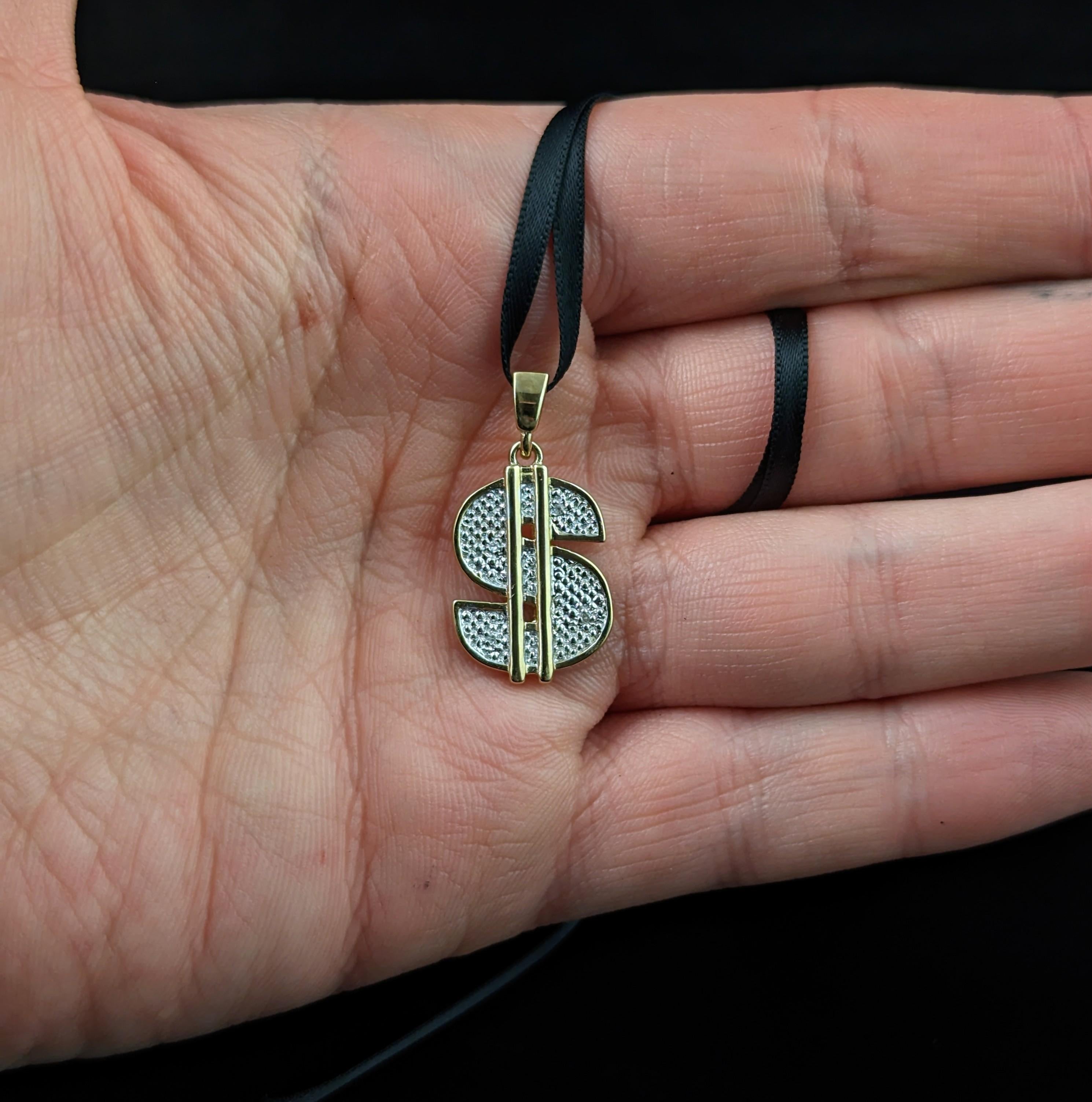 Vintage 9k gold Diamond Dollar sign pendant For Sale 5