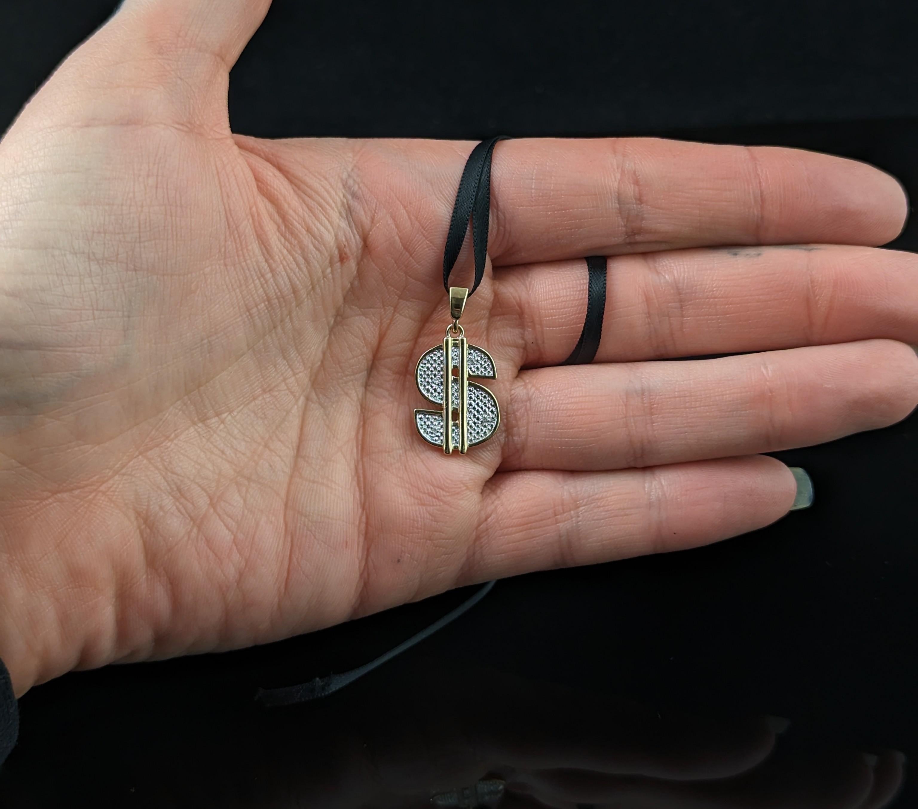 Vintage 9k gold Diamond Dollar sign pendant For Sale 6